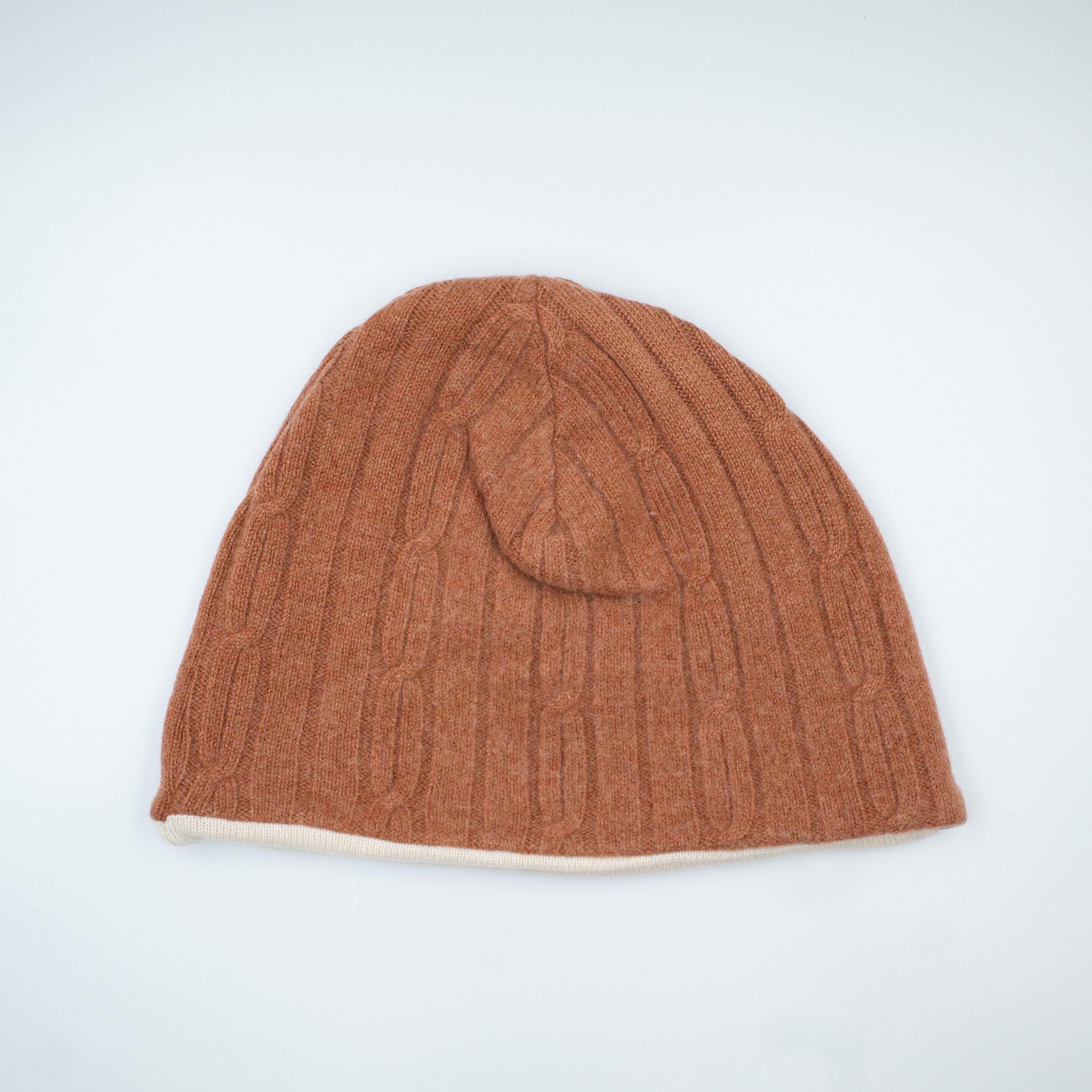 Rust Cable and Cream Cashmere Beanie Hat