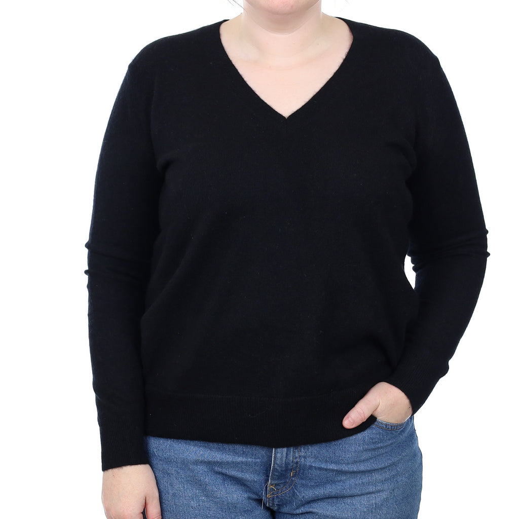 Black Cashmere V Neck Jumper Large