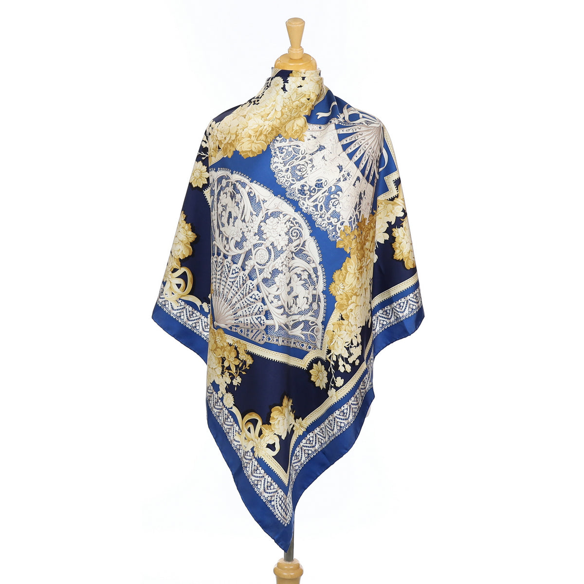 Pristine Italian Traditional Blue and Cream Silk Scarf