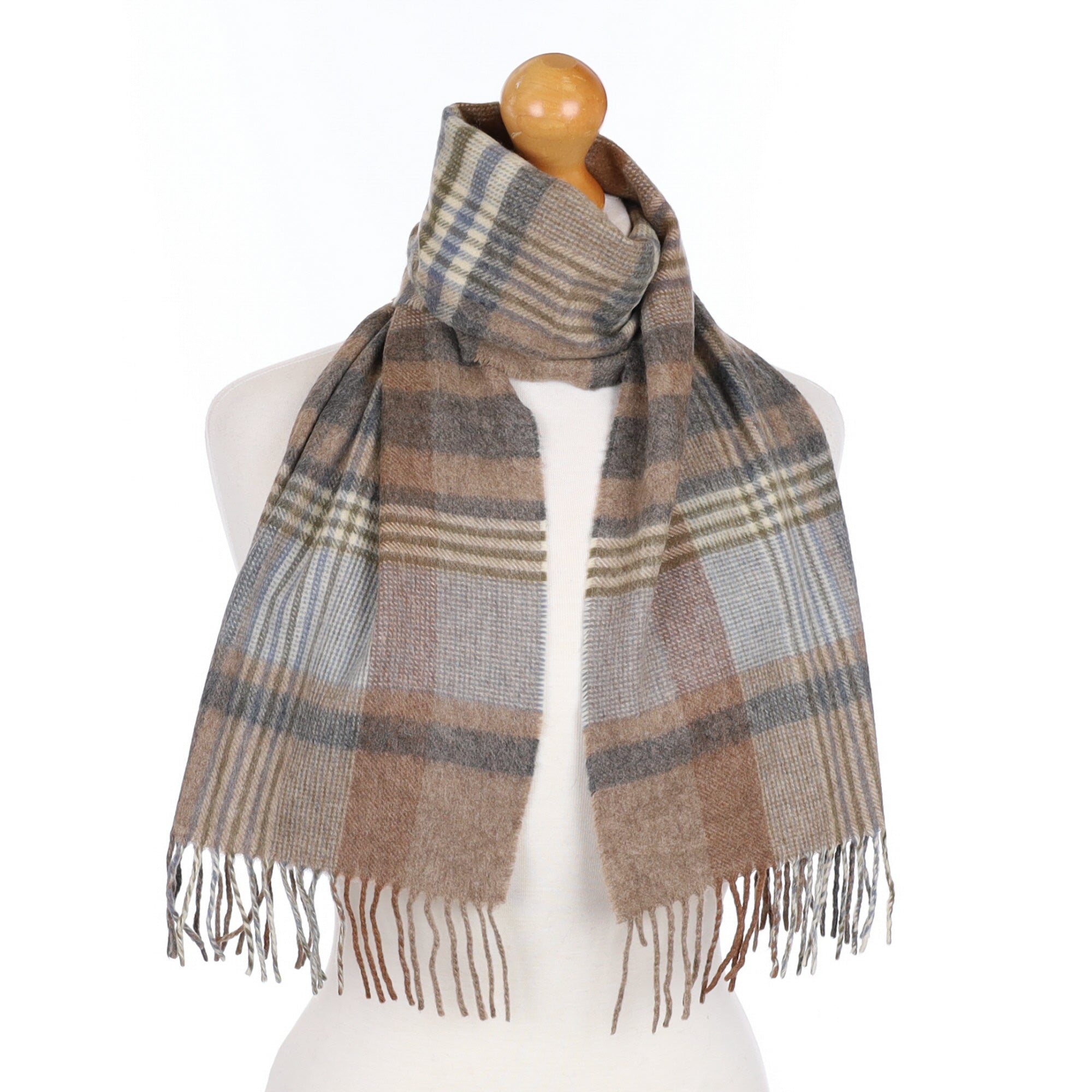 Mocha and Stone Checked Cashmere Fringed Woven Scarf