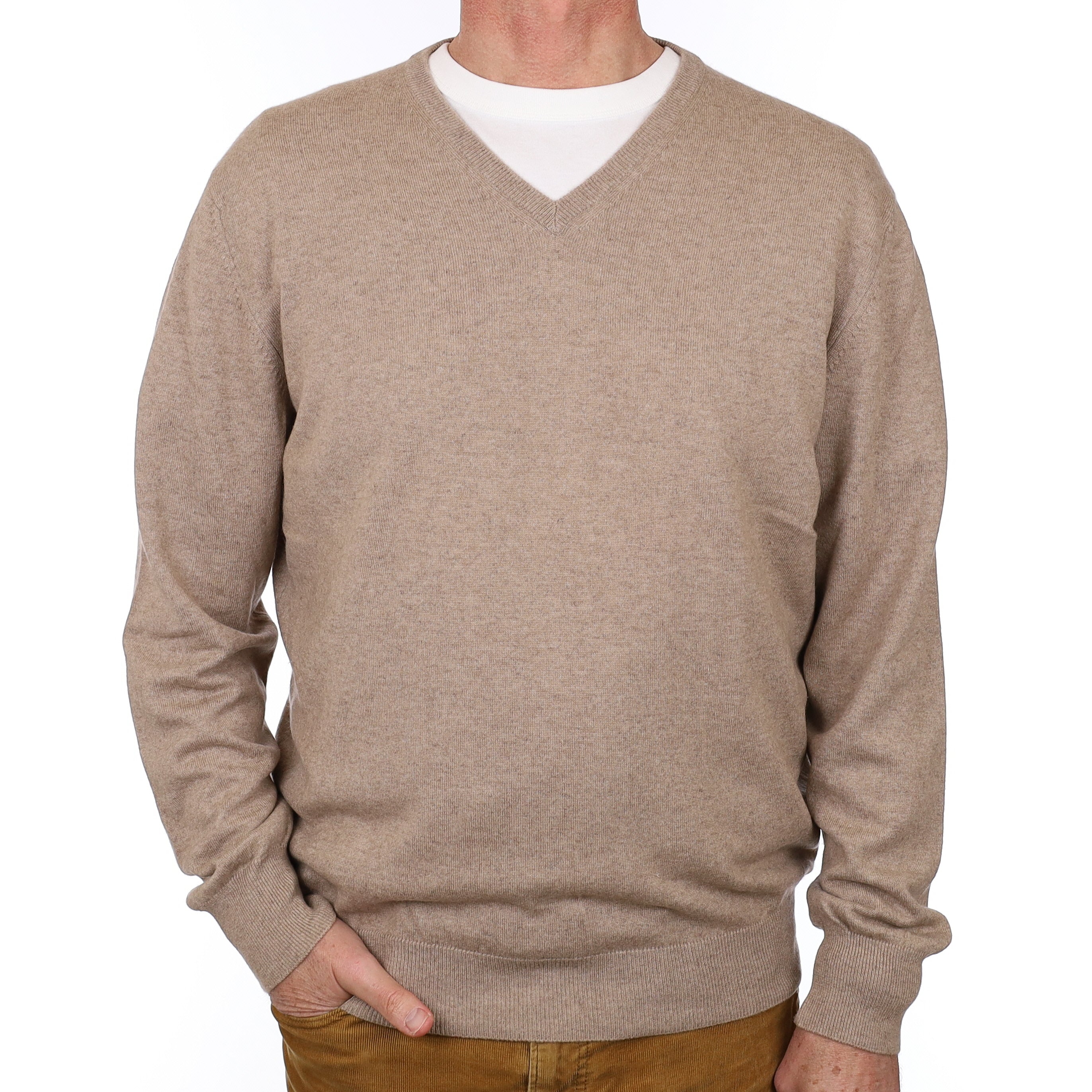 Men’s Fawn Brown Cashmere V Neck Jumper Extra Large