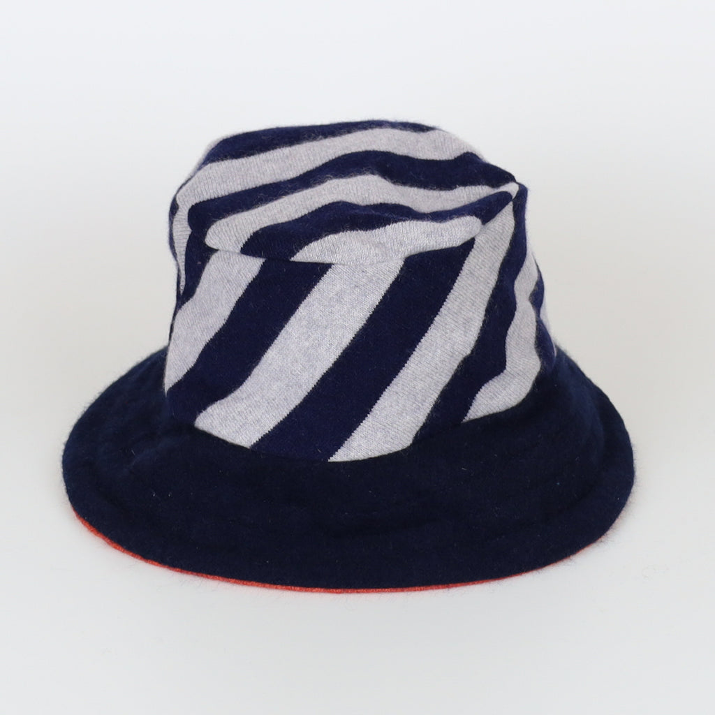 Navy Blue Striped Reversible Cashmere Bucket Hat Medium