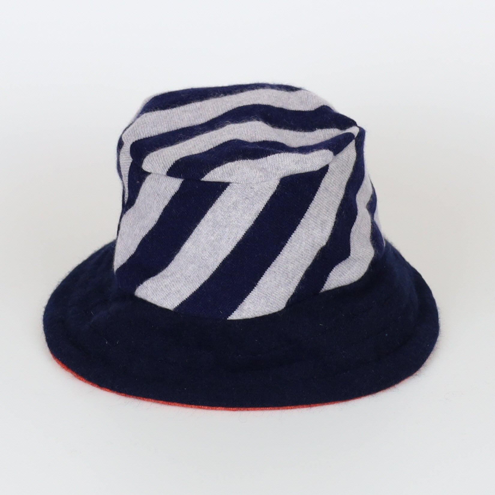 Navy Blue Striped Reversible Cashmere Bucket Hat Medium