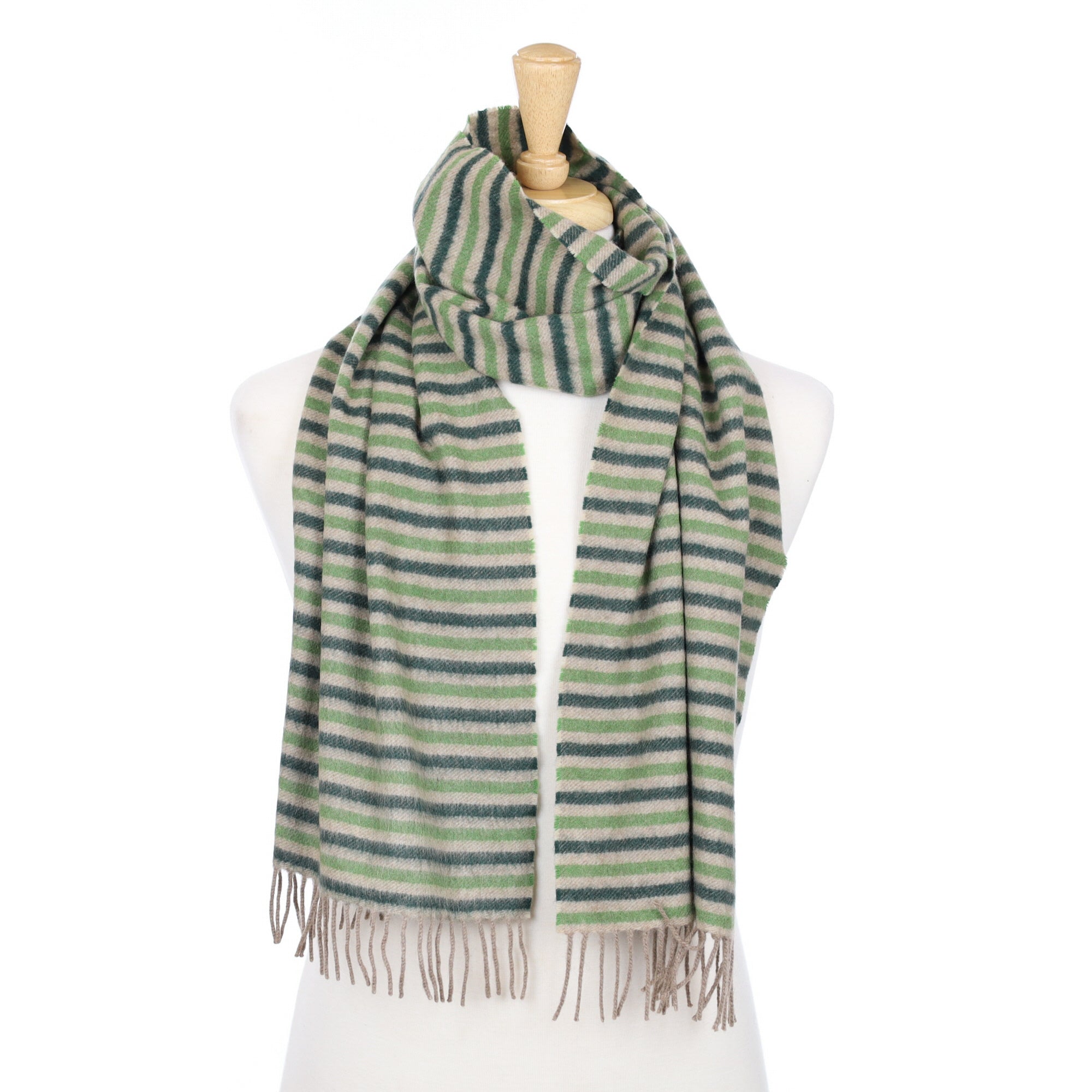Green and Fawn Stiped Cashmere Fringed Woven Scarf