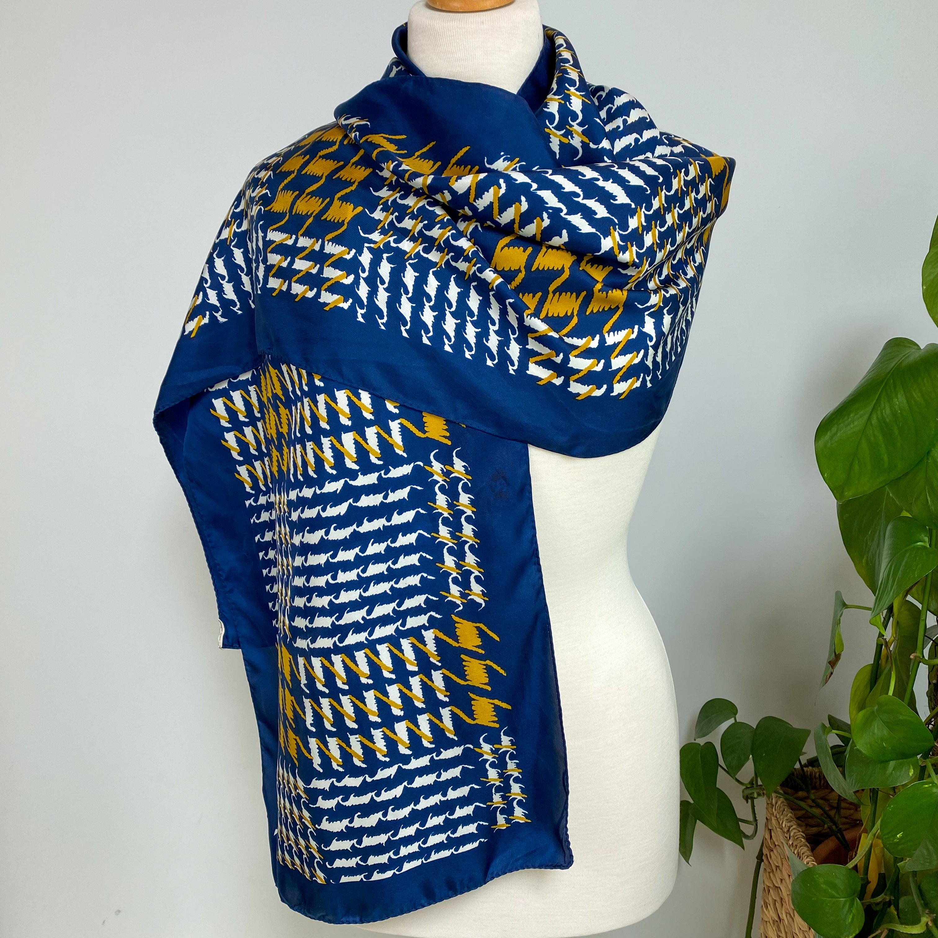 1980s Long French Navy Vintage Silk Scarf