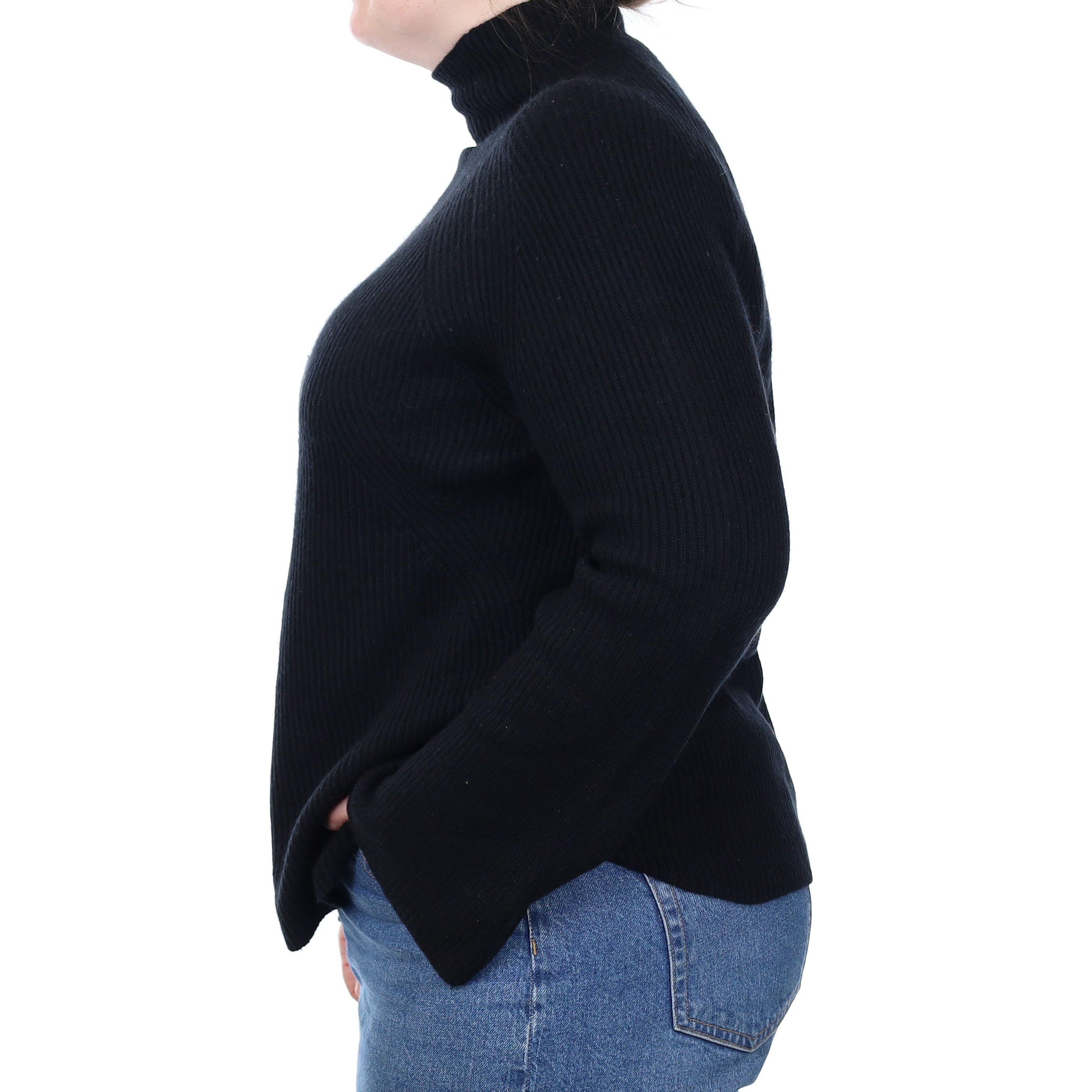Black Ribbed Cashmere Flared Sleeve Turtle Neck Jumper Large