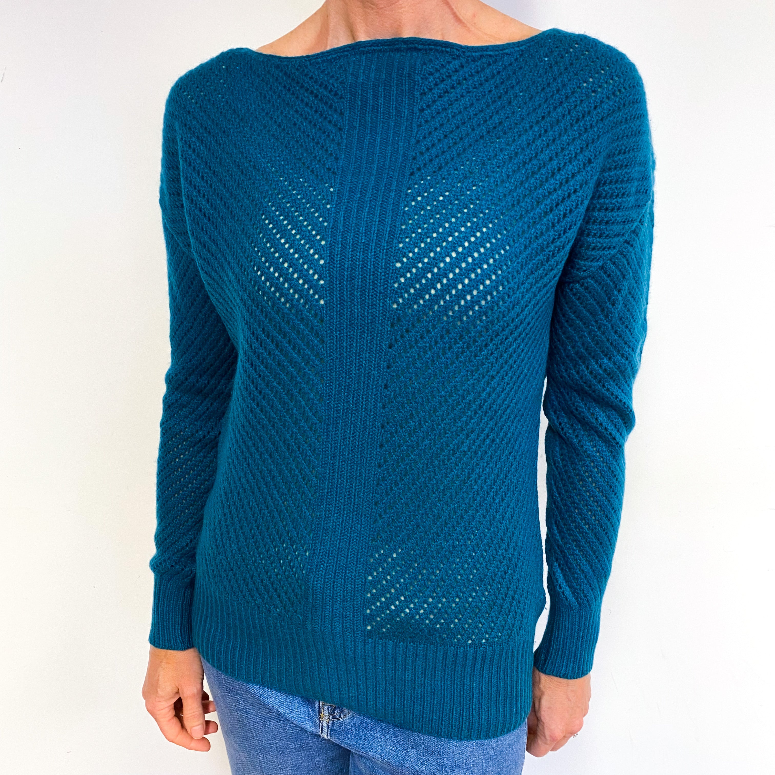 Teal Green Lace Knit Cashmere Boat Neck Jumper Medium