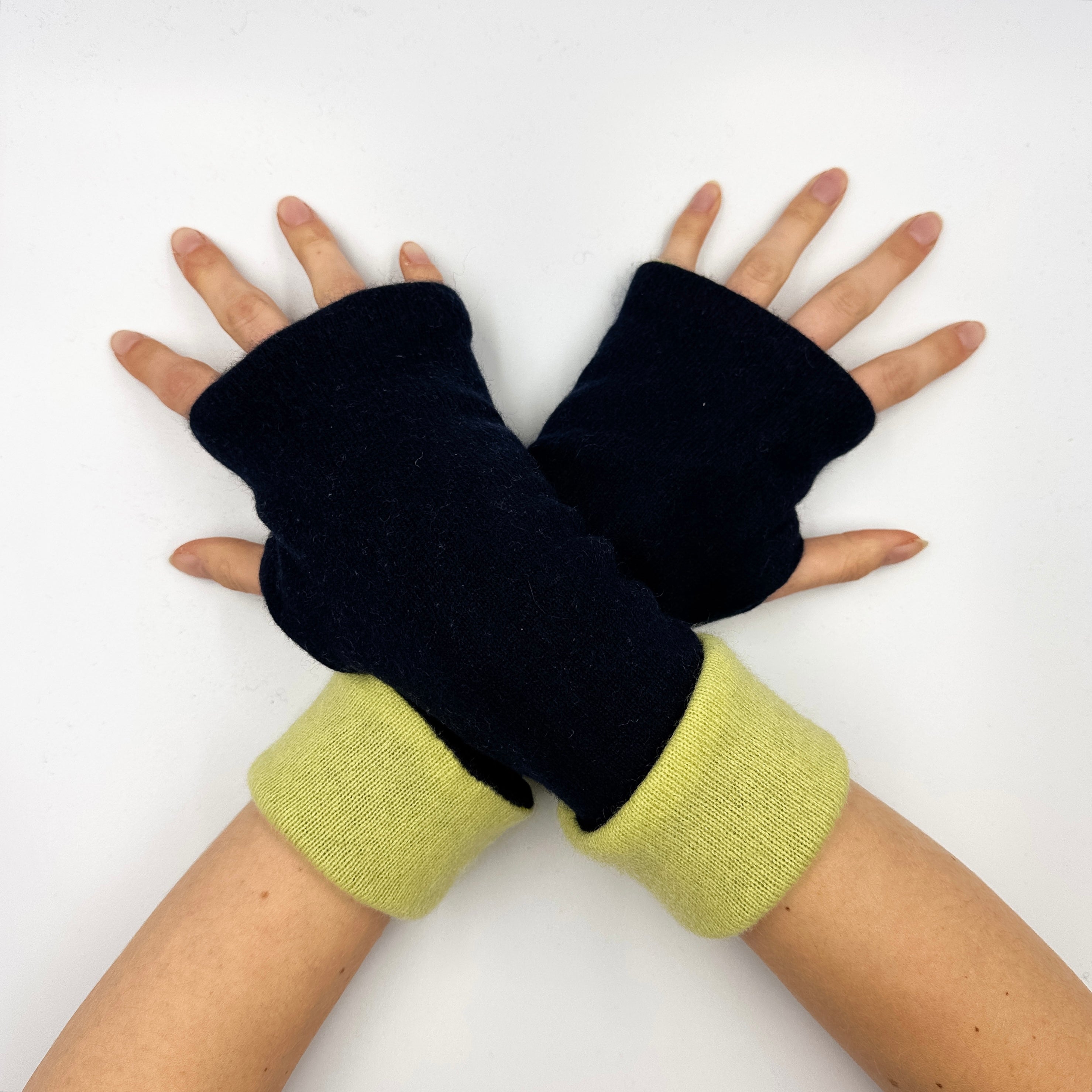 Navy Blue and Lime Green Luxury Reversible Cashmere Fingerless Gloves