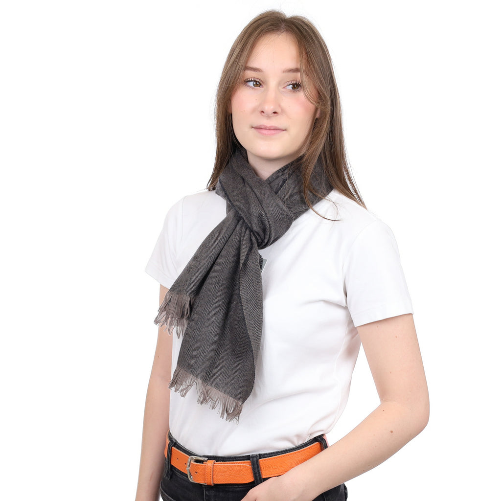 Brand New Scottish Grey & Mocha Herringbone Luxury Woven Cashmere Mini Wrap