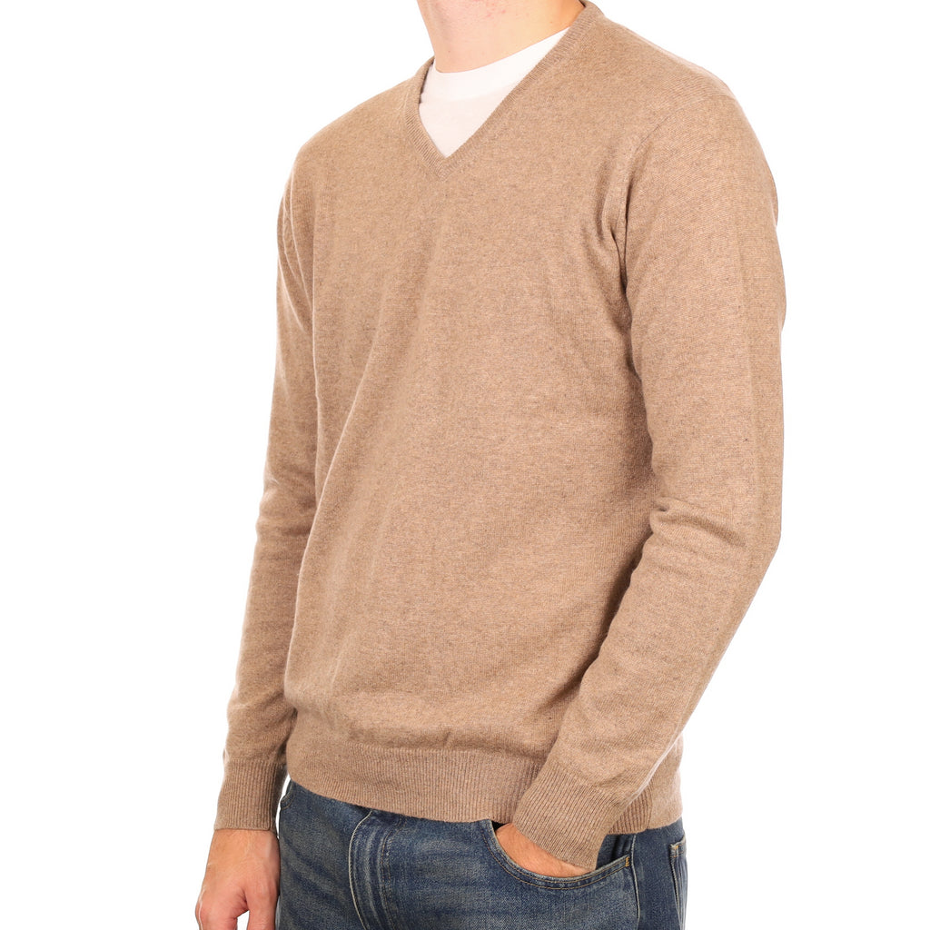 Men’s Yorn Taupe Brown Cashmere V Neck Jumper Large