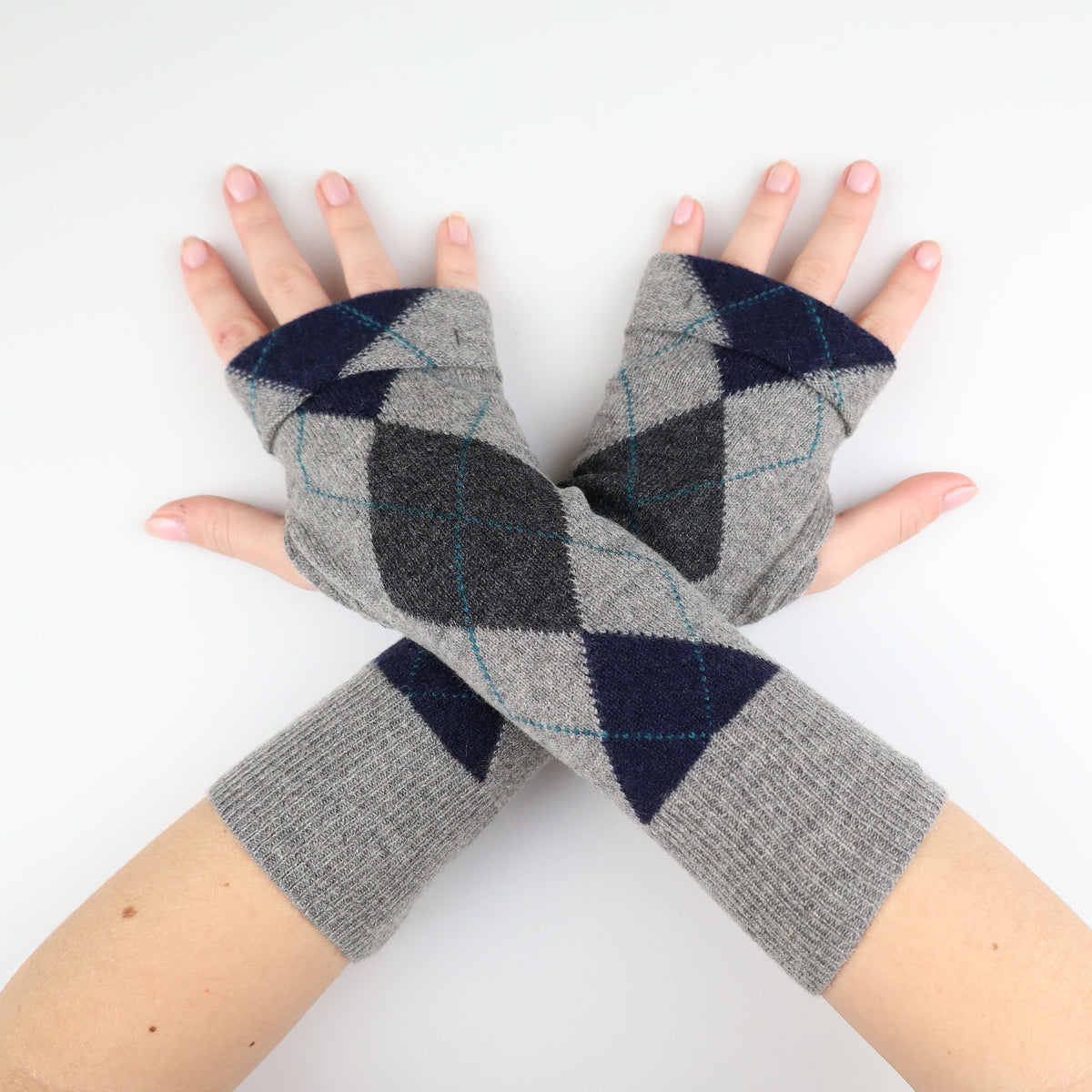 Grey and Navy Argyle Fingerless Gloves