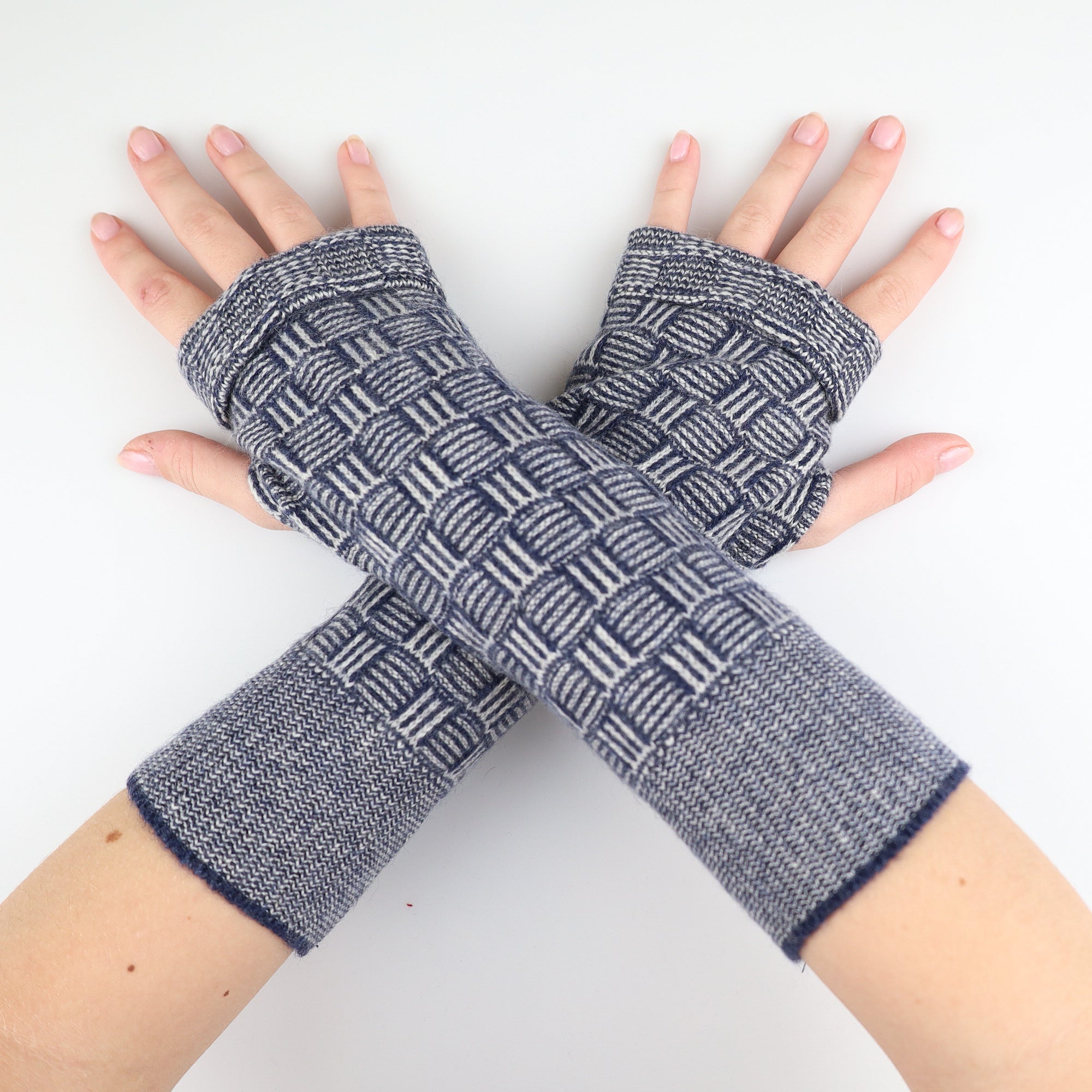 Navy and Ivory Patterned Fingerless Gloves