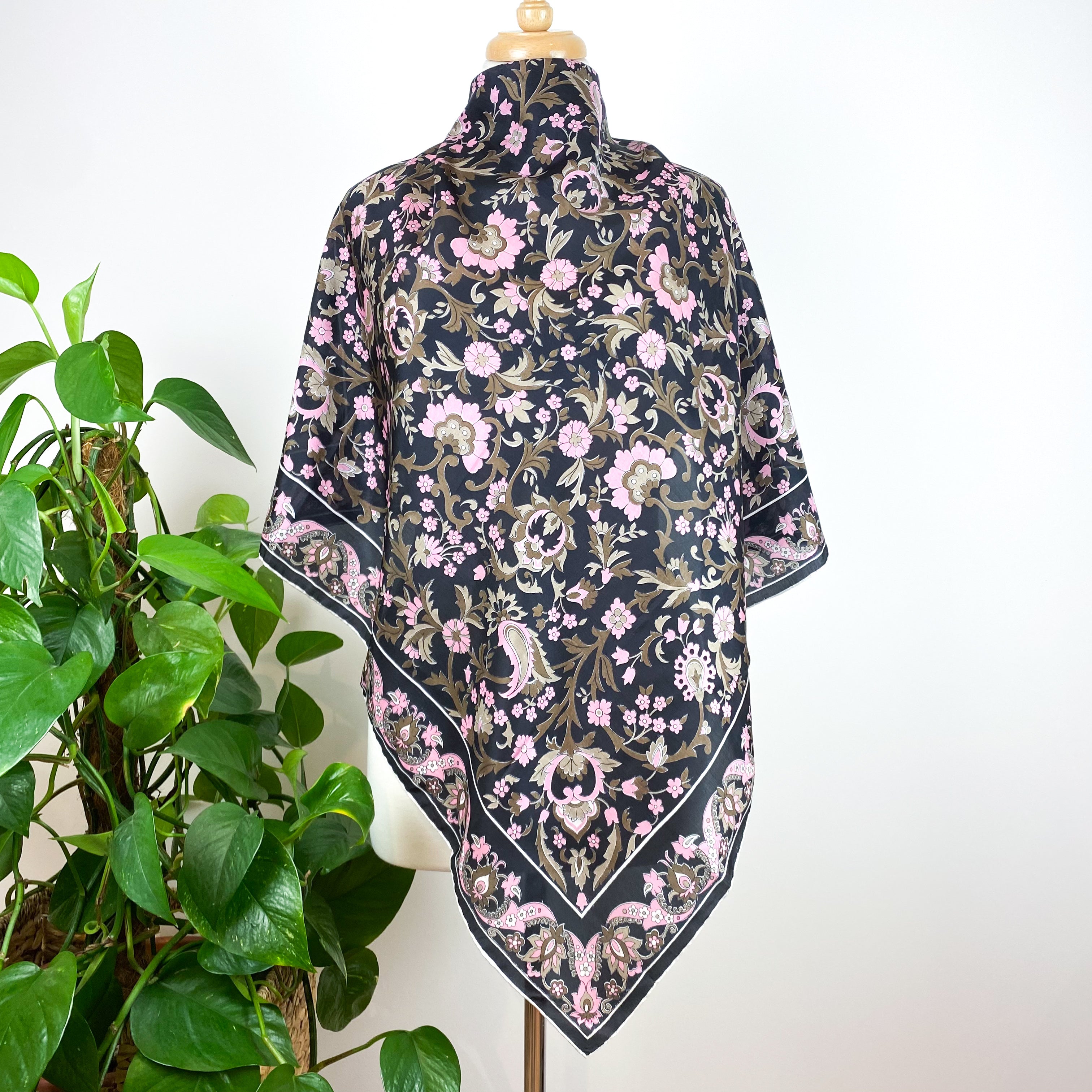 Black and Pink Floral Vintage Silk Scarf