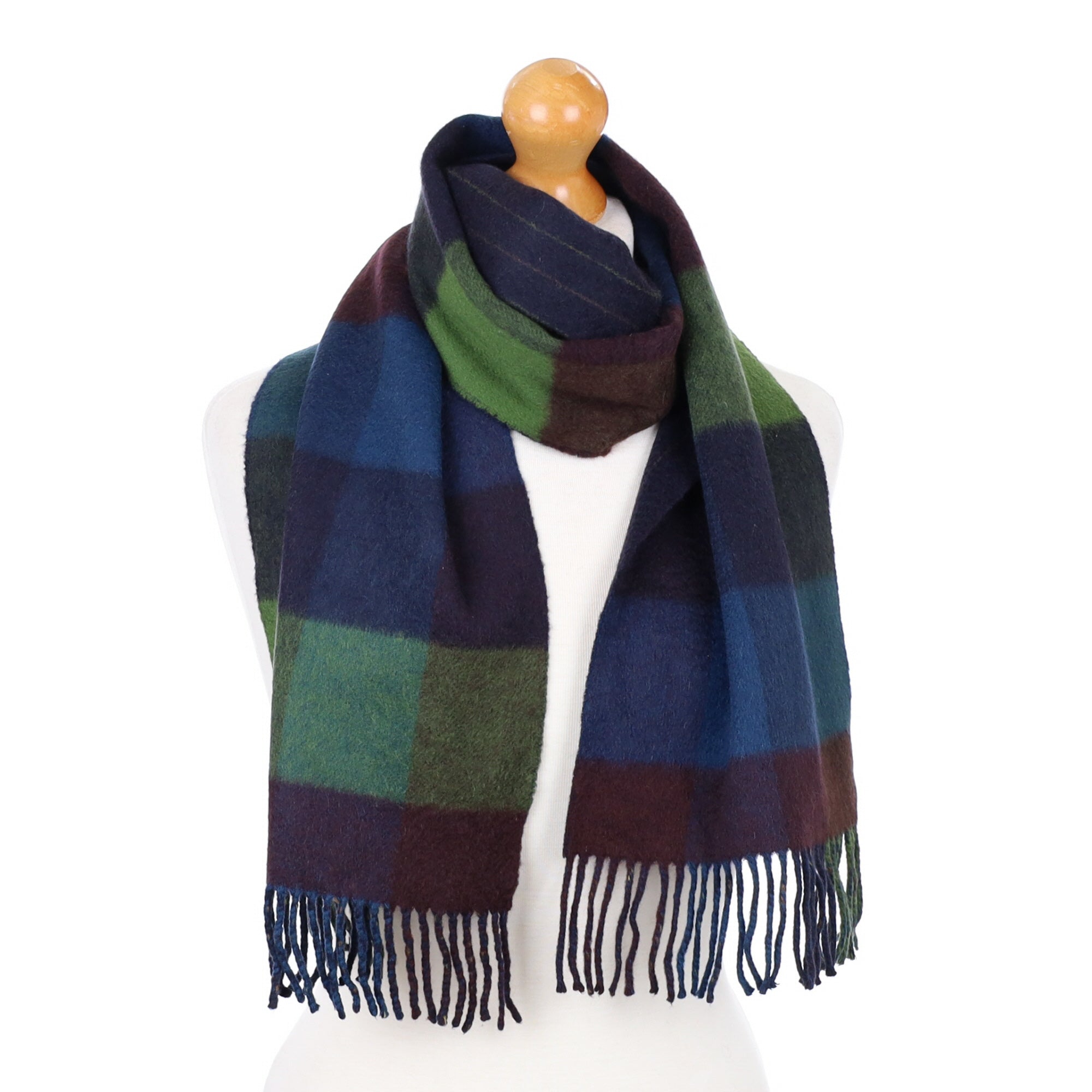 Navy and Green Patterned Fringed Cashmere Woven Scarf