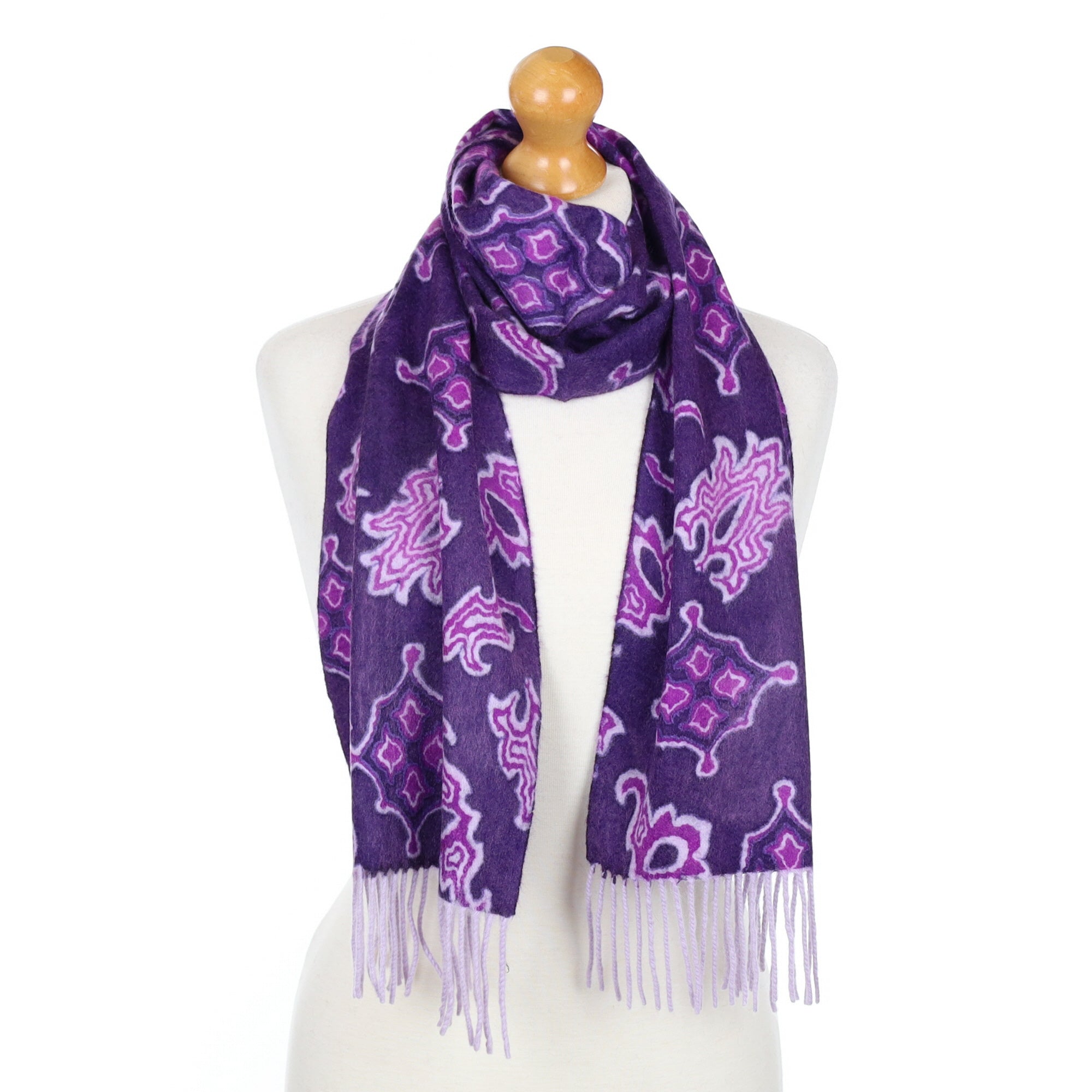 Purple Patterned Fringed Cashmere Woven Scarf