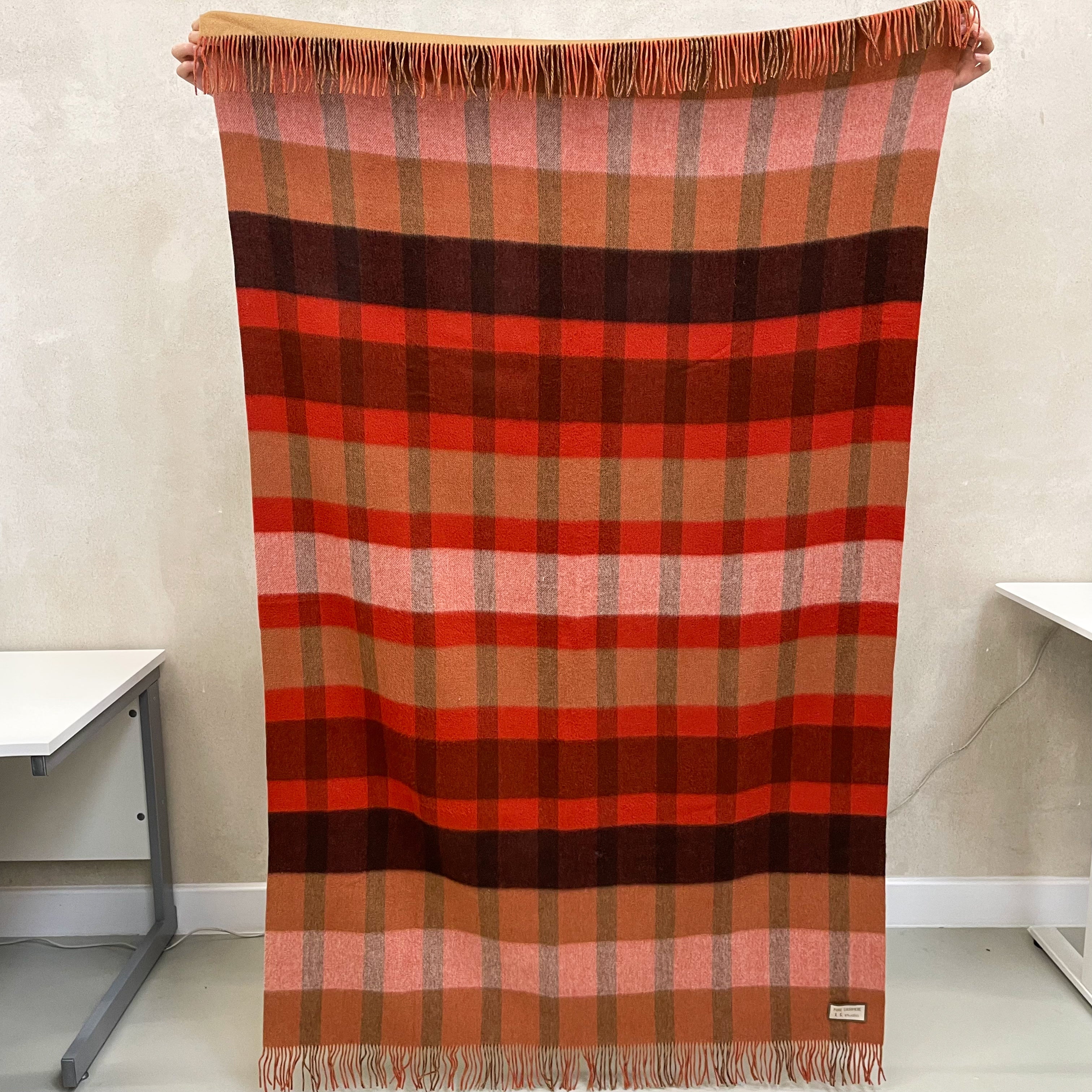 Red Orange Tartan Cashmere Fringed Woven Blanket