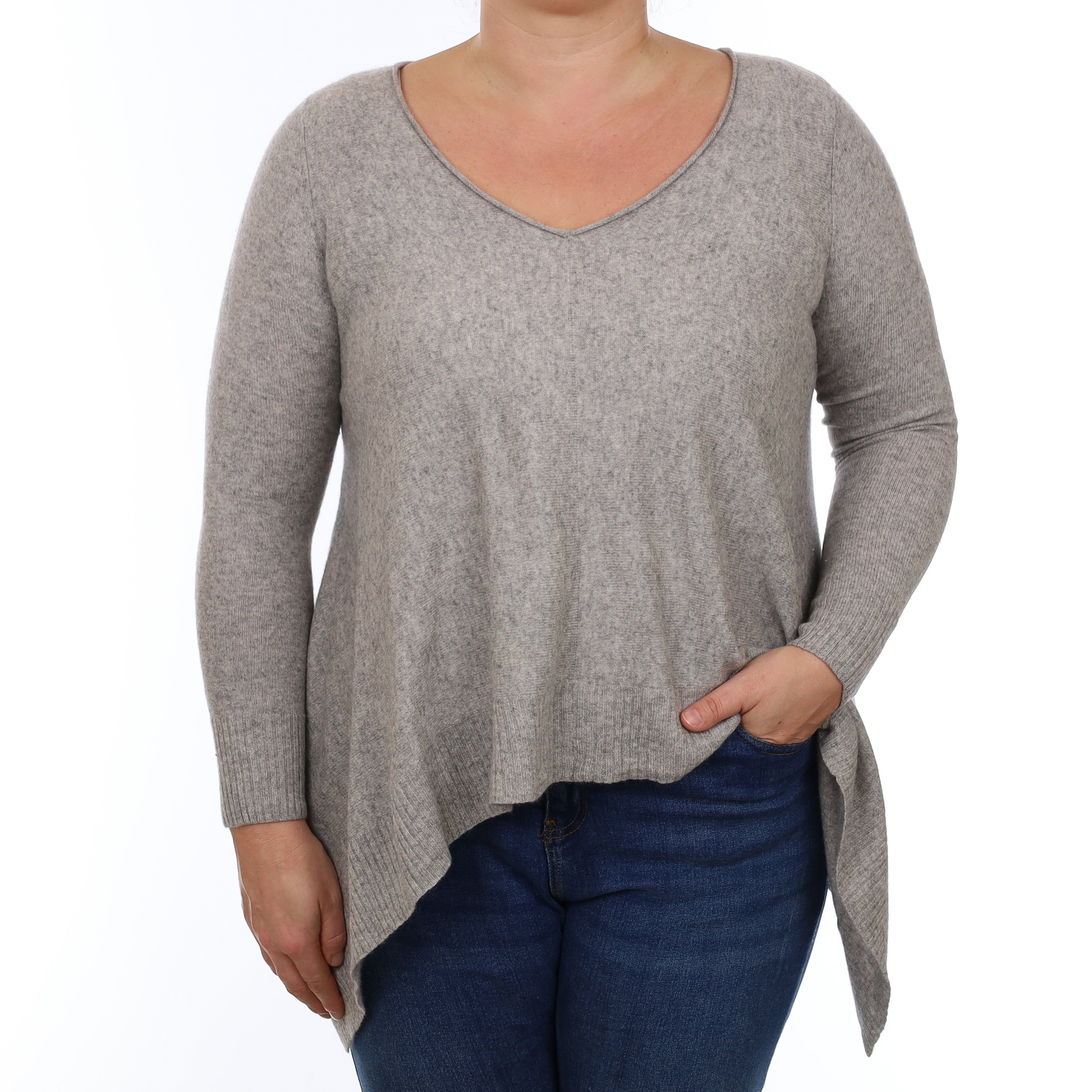 Smoke Grey Cashmere Asymmetric Hem V Neck Jumper Large