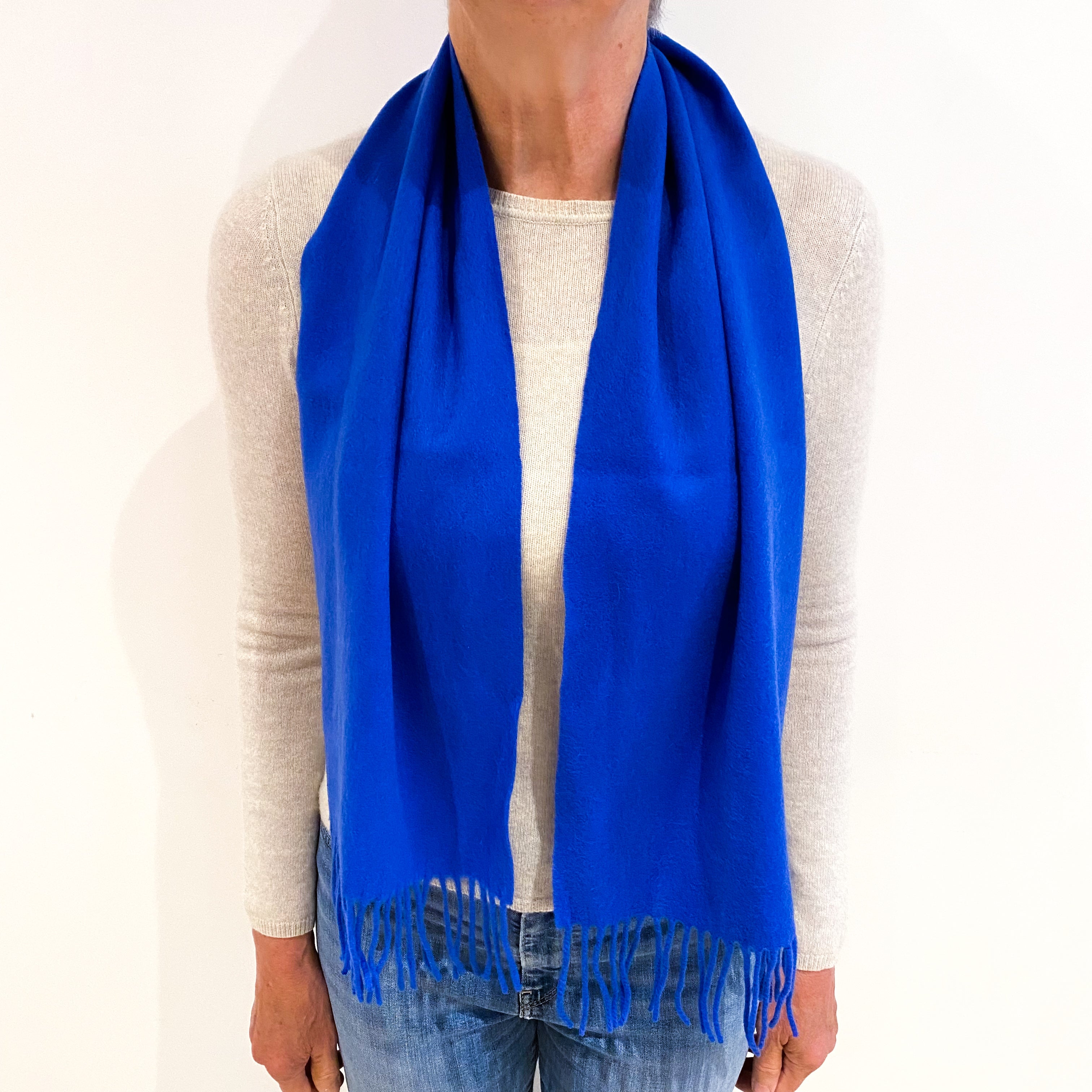 Azure Blue Cashmere Woven Fringed Scarf
