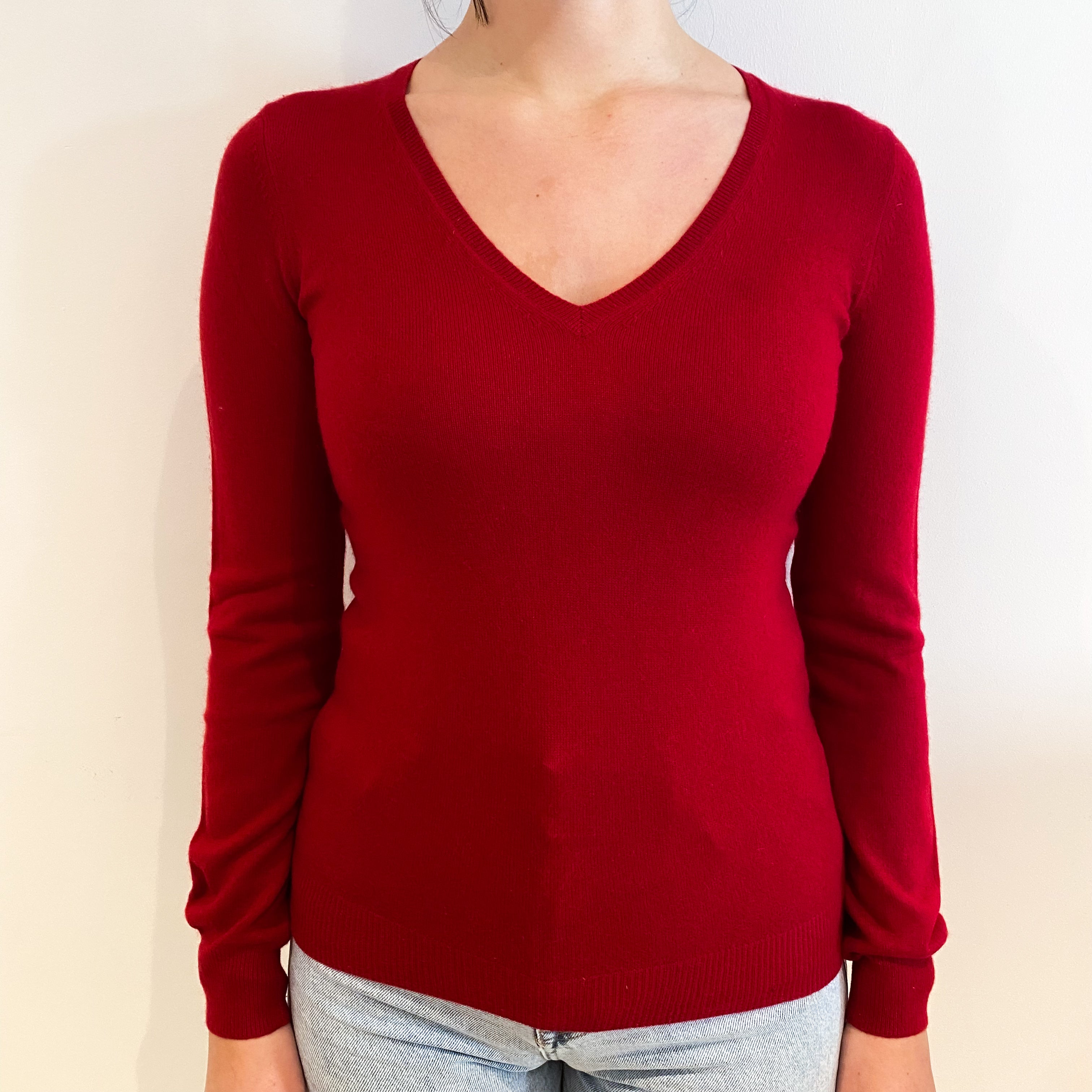 Crimson Red Cashmere V-Neck Jumper Small