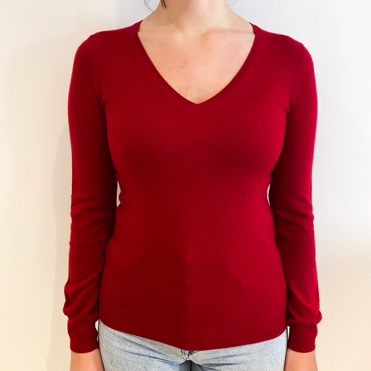 Crimson Red Cashmere V-Neck Jumper Small