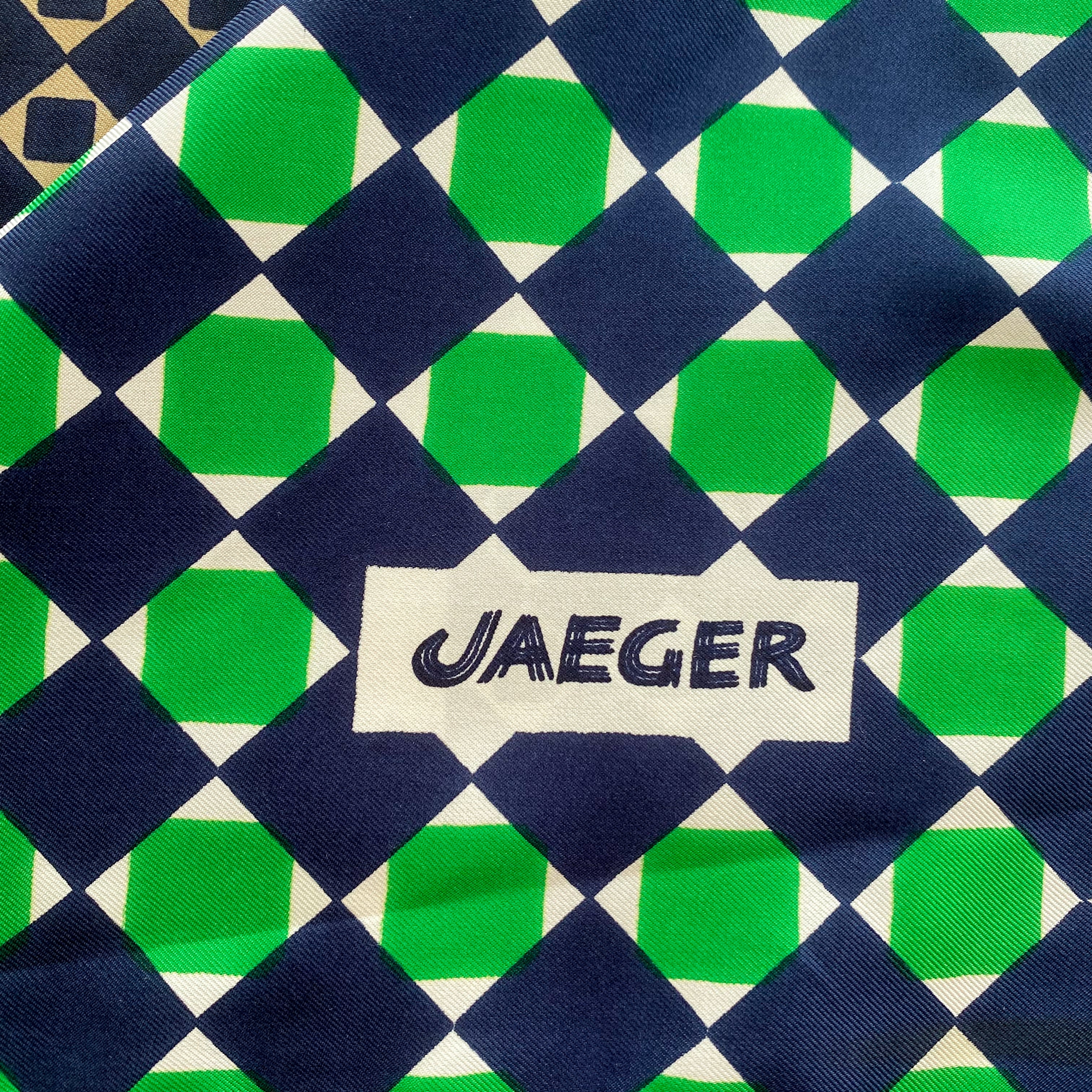 80’s Jaeger Emerald Green & Navy Blue Silk Scarf