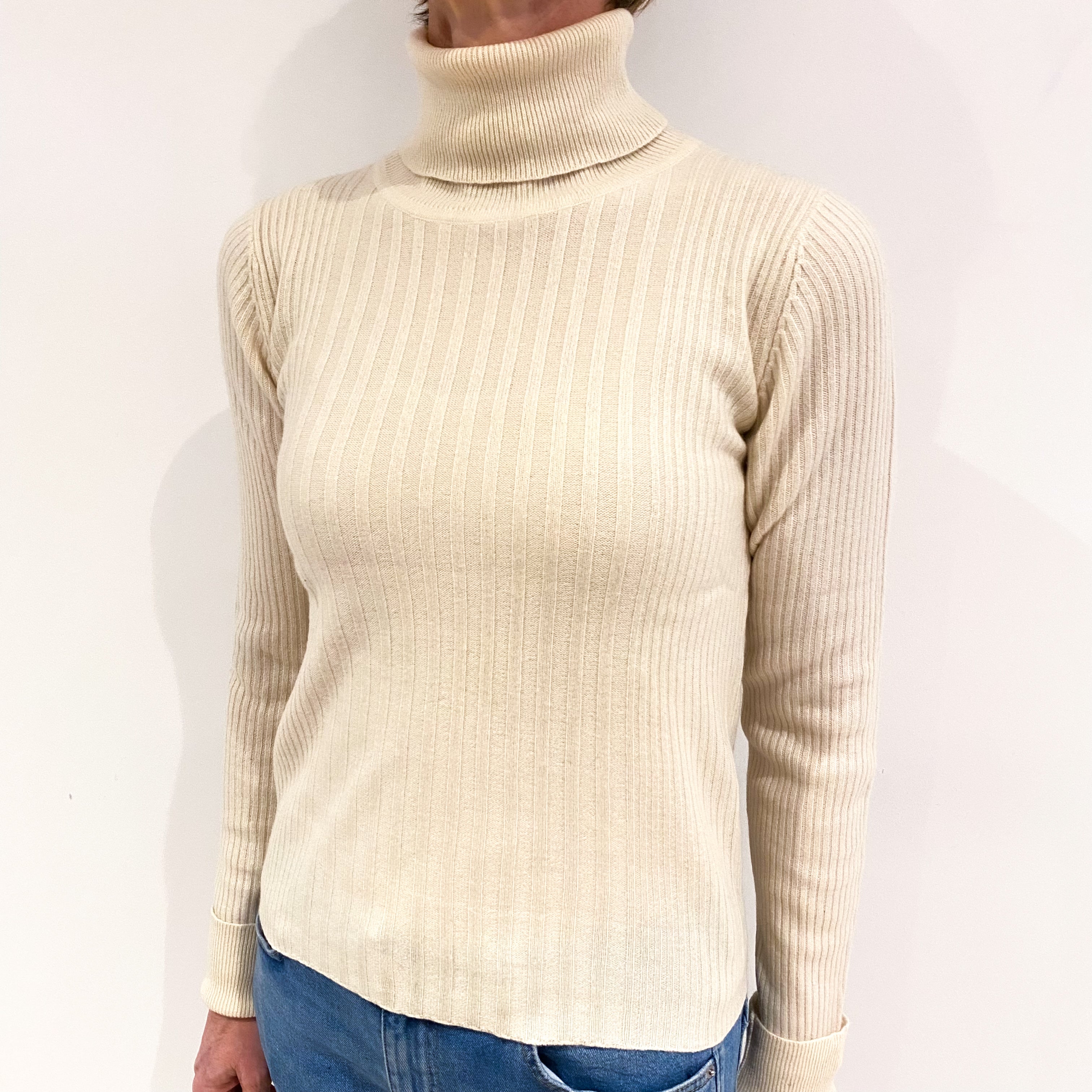 Clotted Cream Rib Cashmere Polo Neck Jumper Small