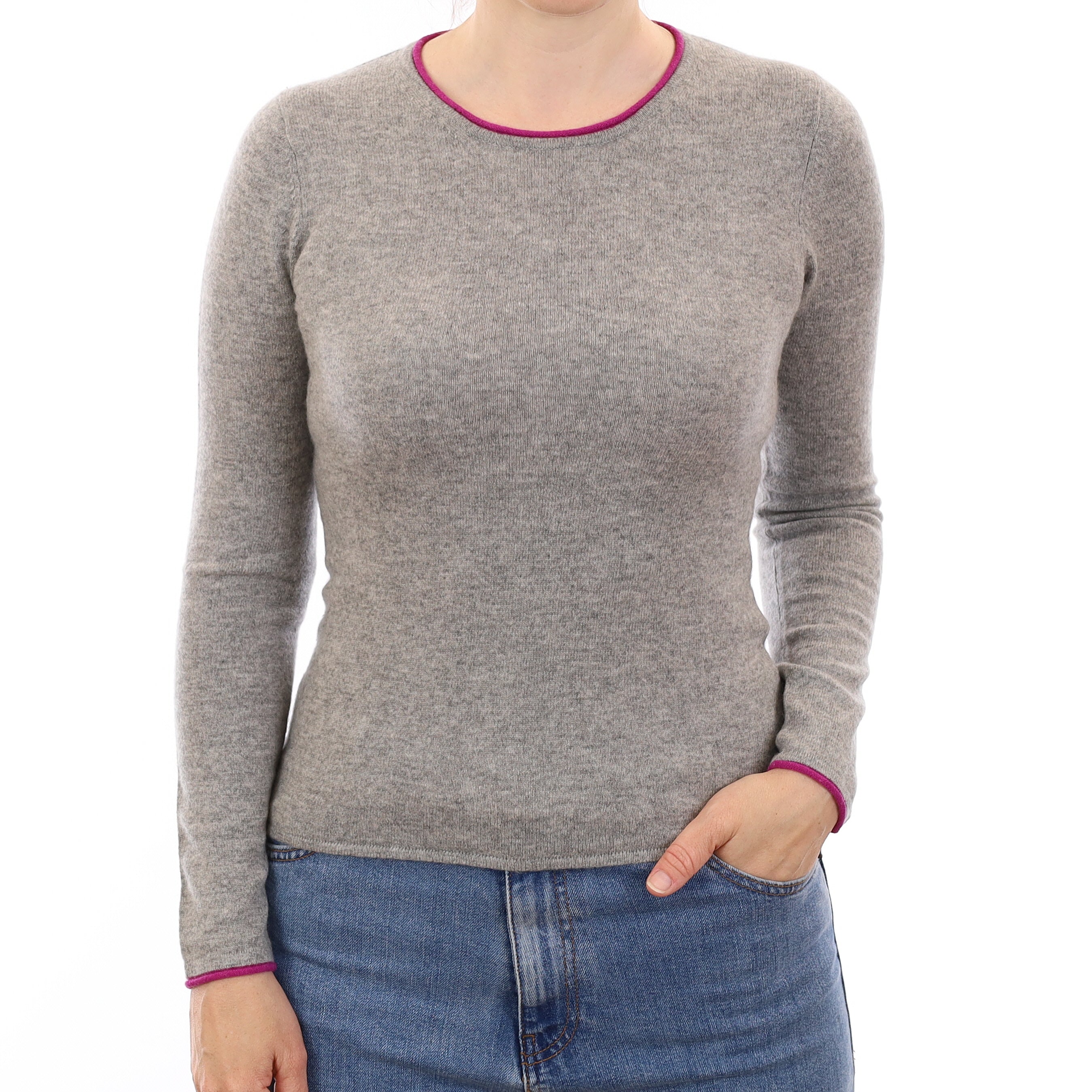 Ash Grey Magenta Trim Cashmere Crew Neck Jumper Small