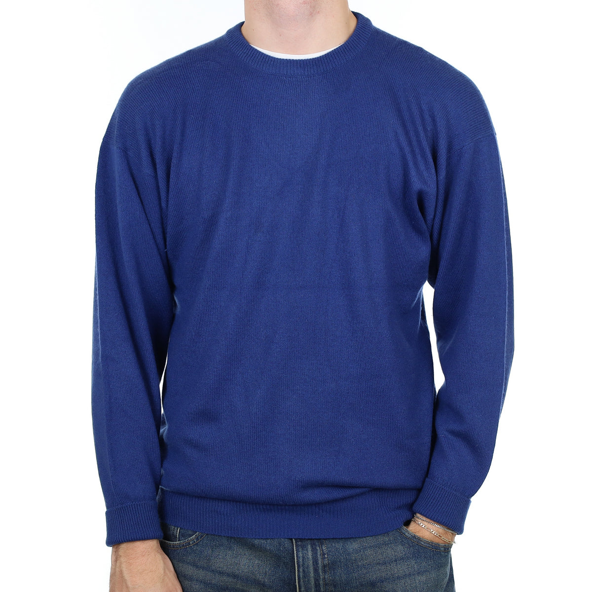 Men’s Scottish Chas N Whillans Blue Cashmere Crew Neck Jumper Large