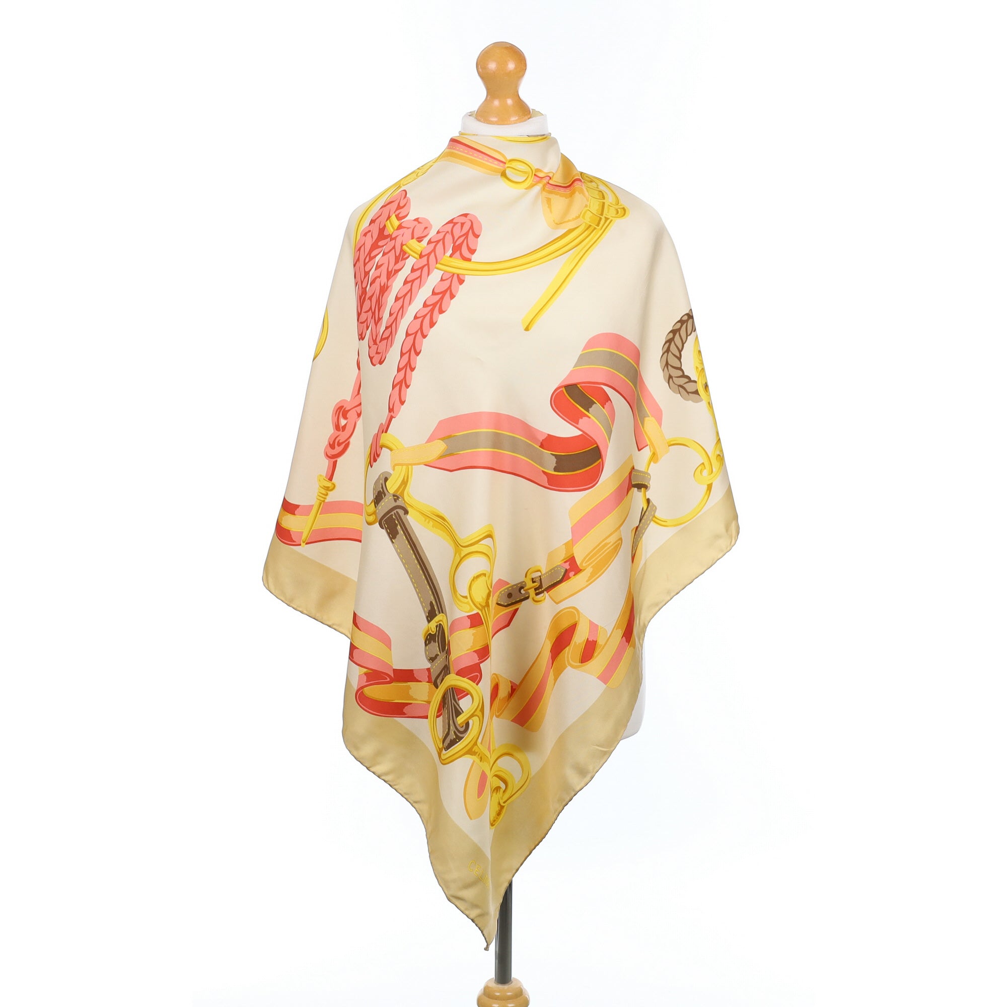 Celine Cream and Coral Equine Vintage Silk Scarf