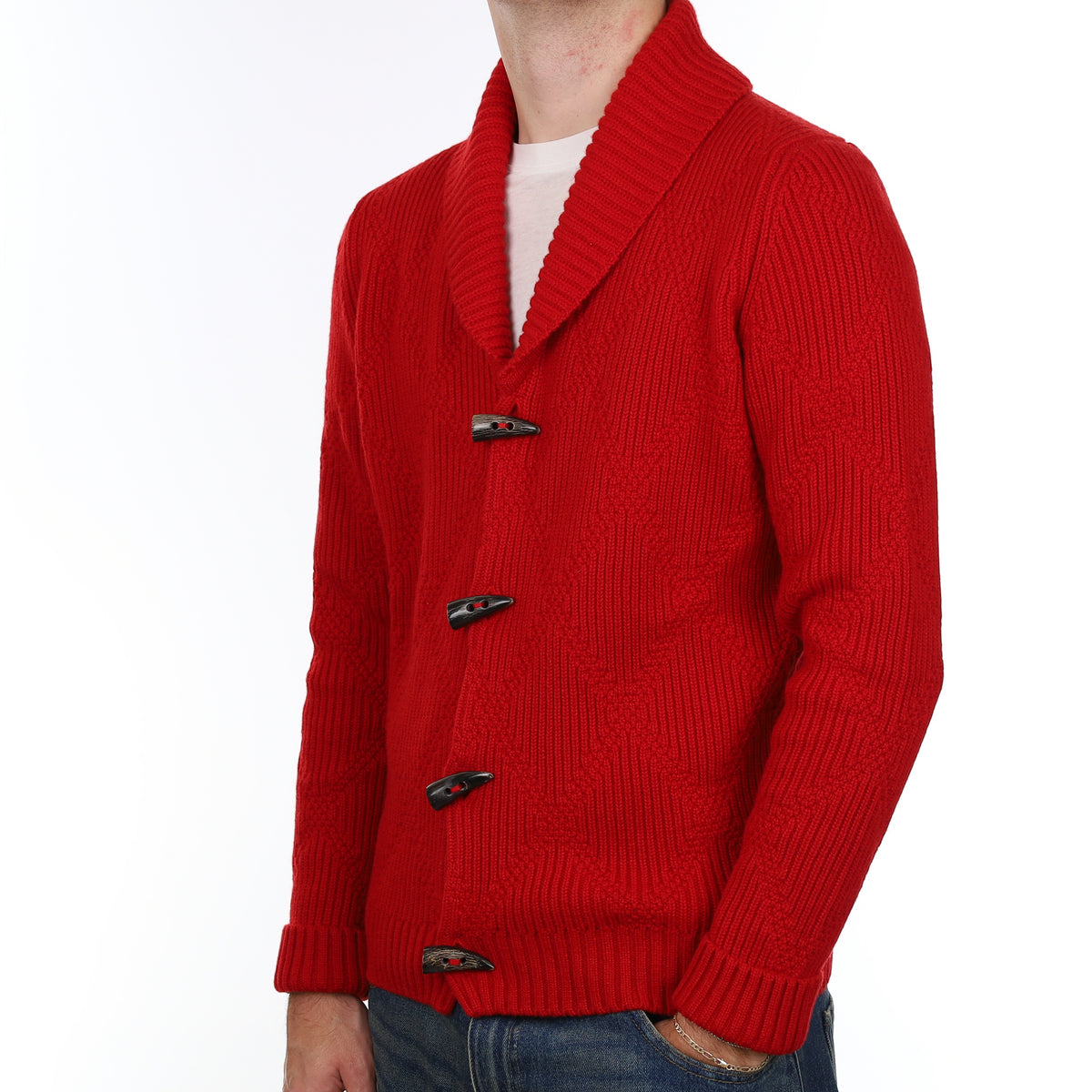 Men’s Brand New Scottish Red Chunky Cashmere Shawl Collar Cardigan Medium