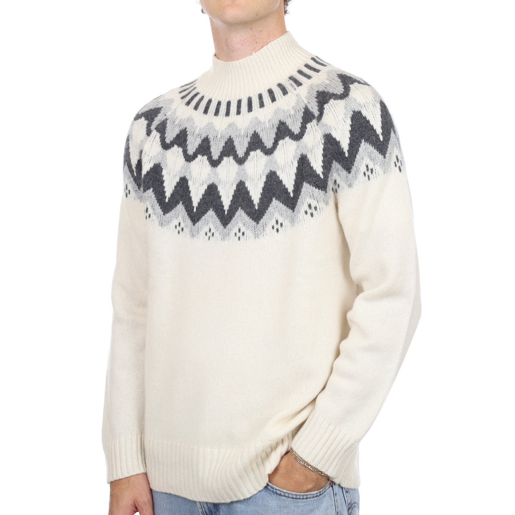 Men’s Light Cream Fair Isle Cashmere Turtle Neck Jumper Large