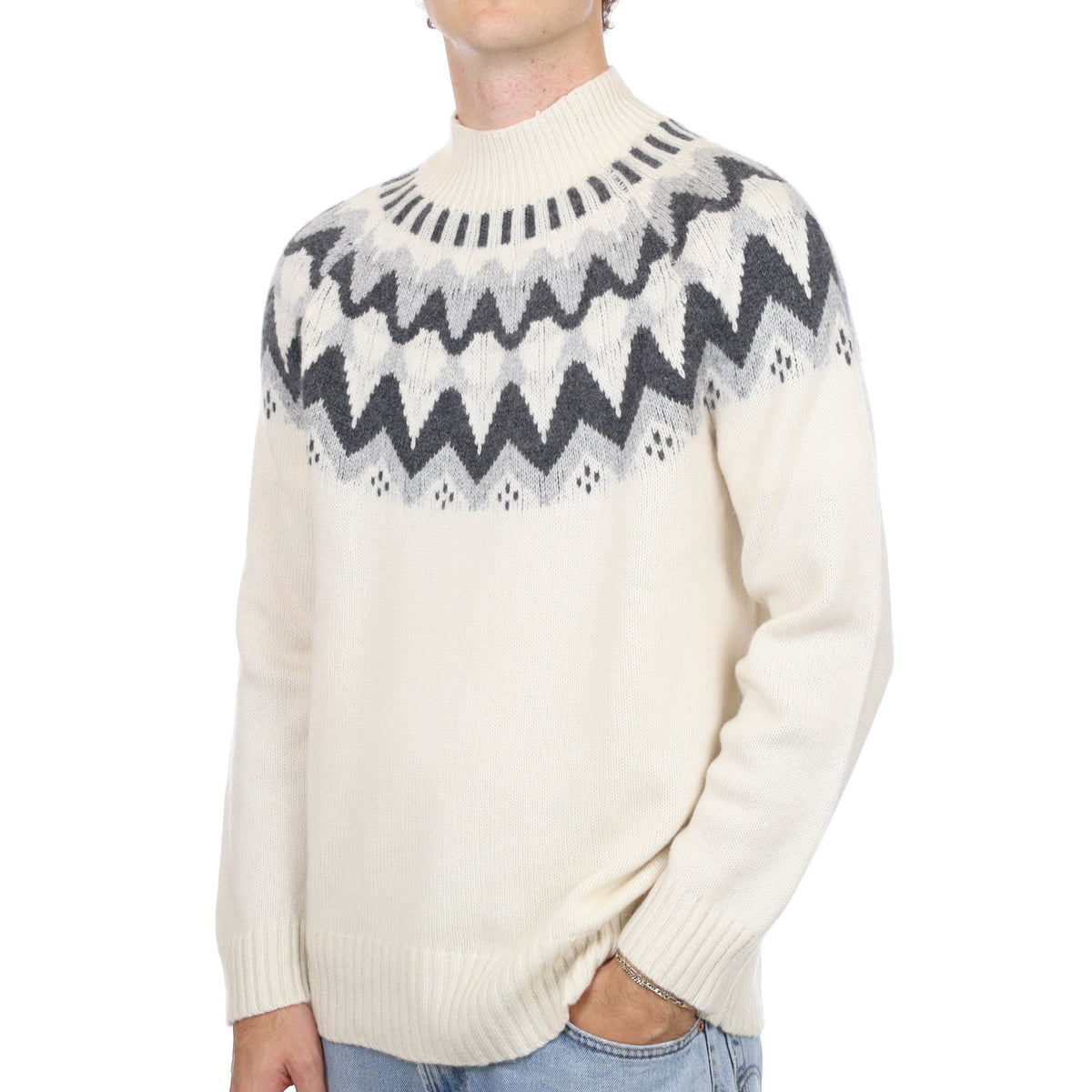 Men’s Light Cream Fair Isle Cashmere Turtle Neck Jumper Large
