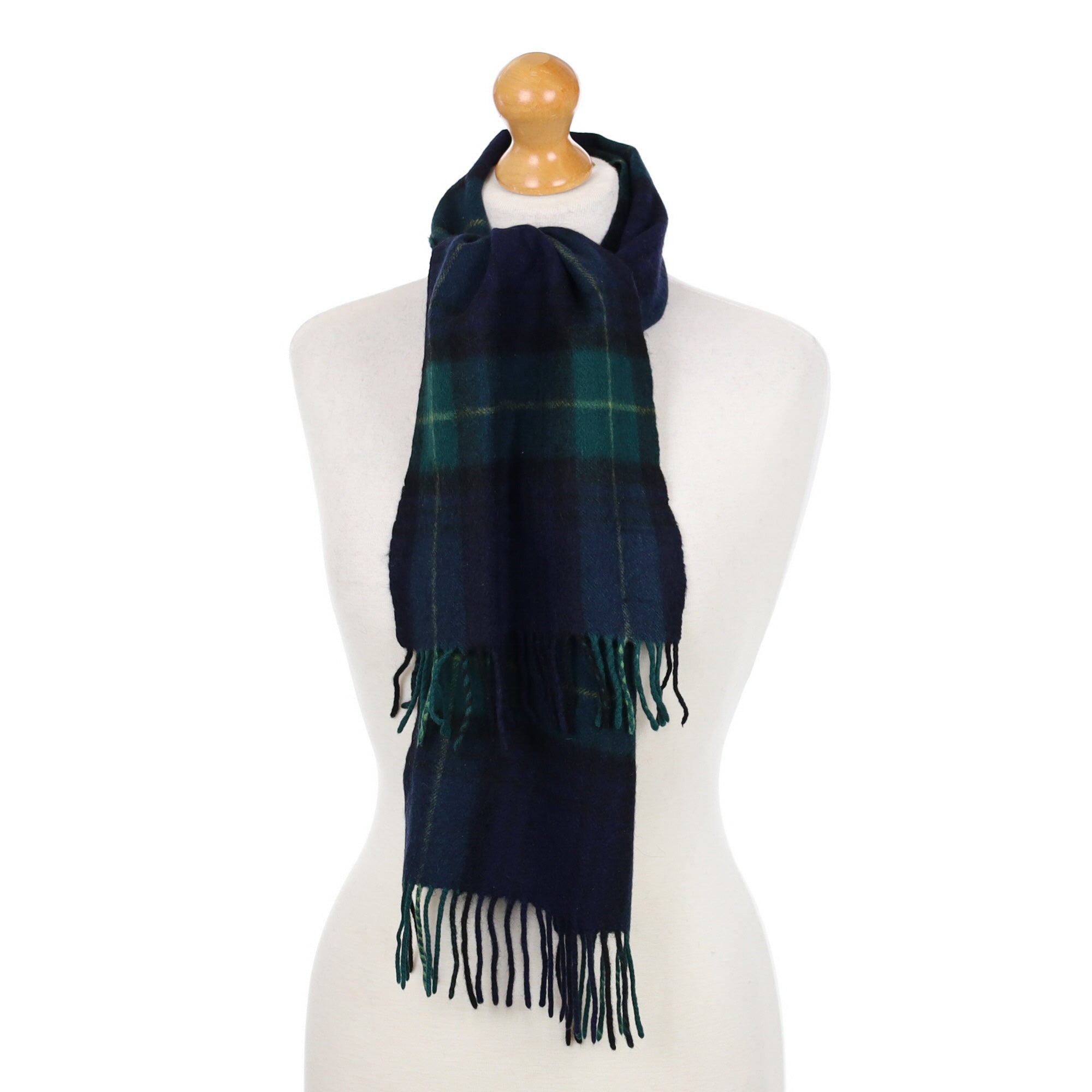 Navy And Green Tartan Cashmere Fringed Woven Scarf