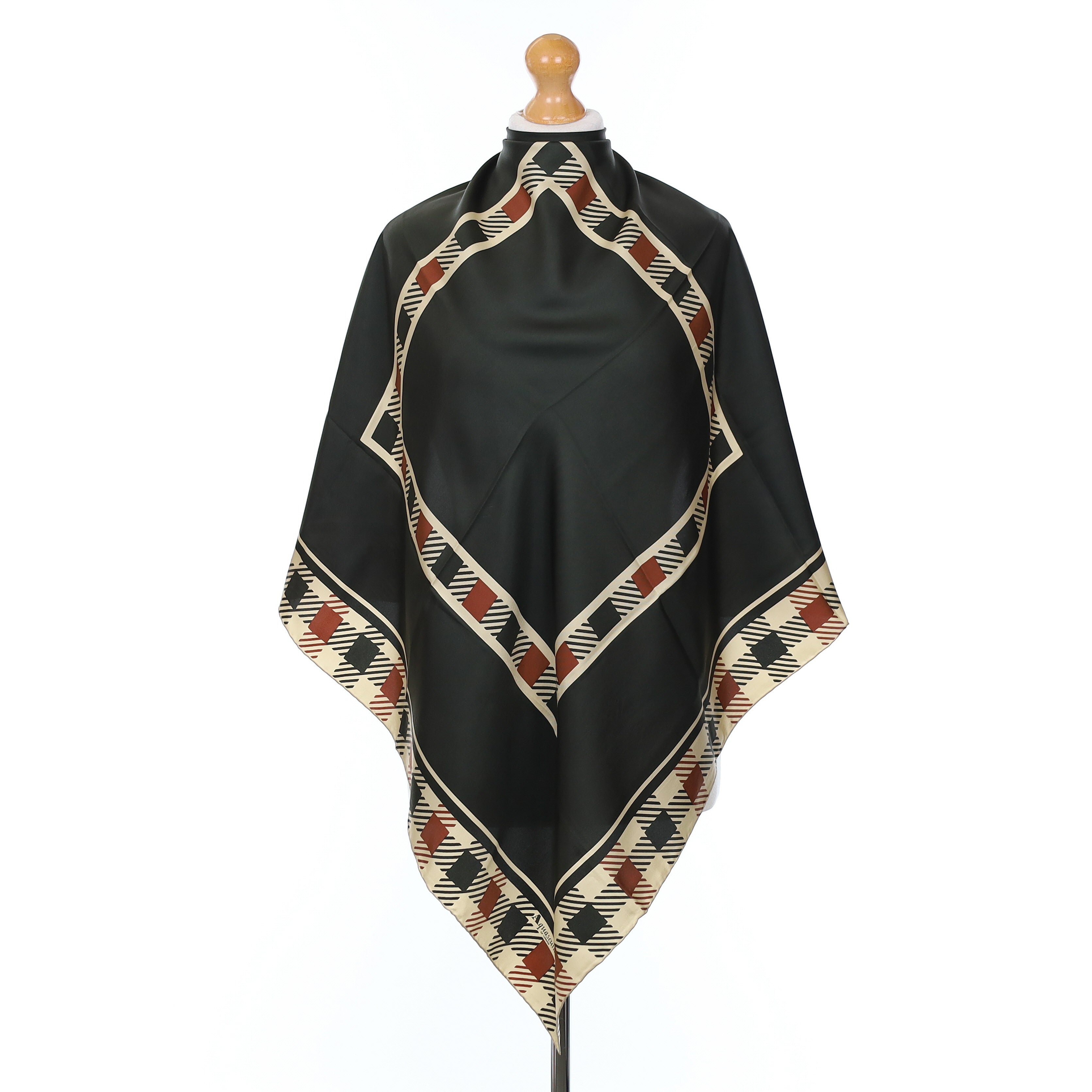 Aquascutum Black And Brown Checked Vintage Silk Scarf