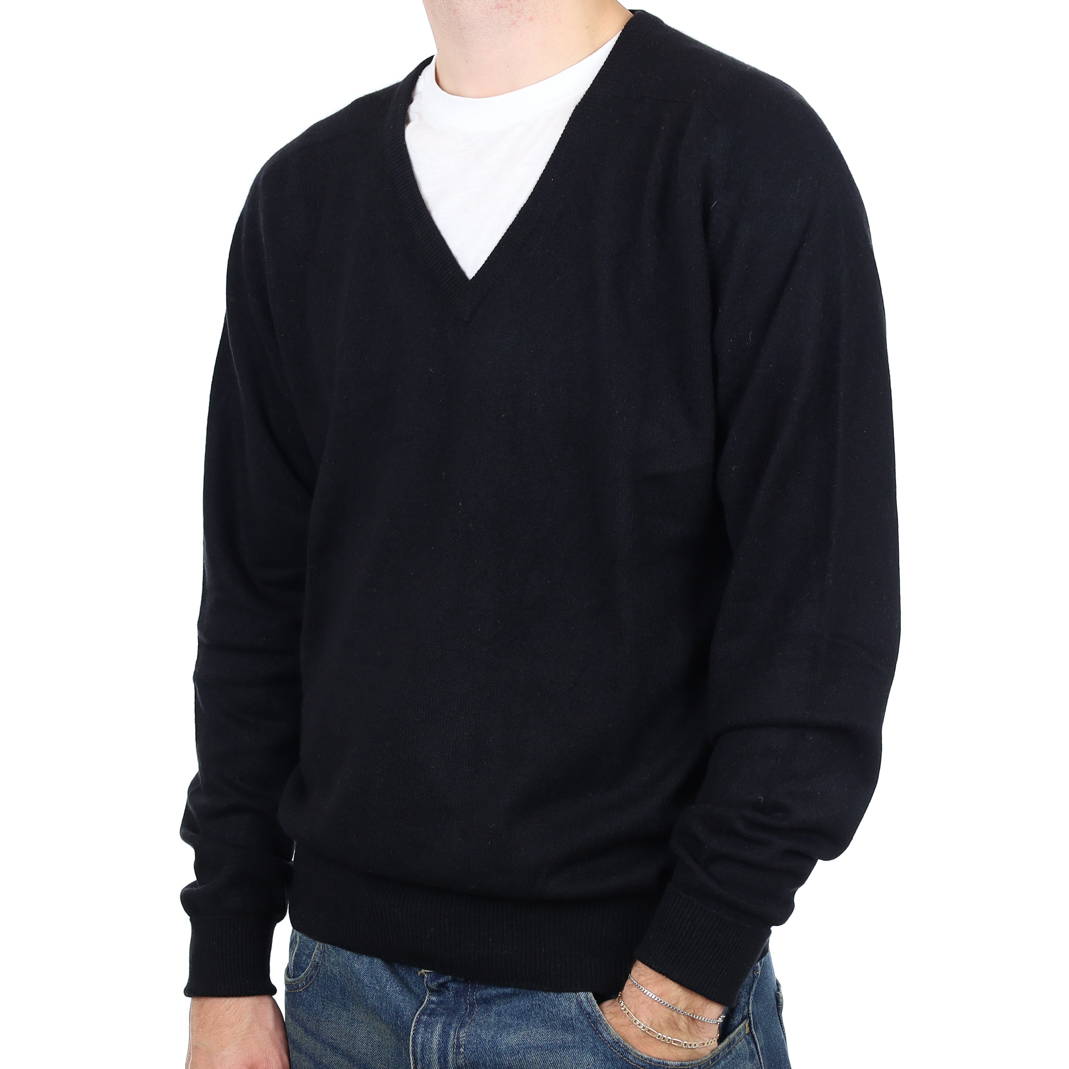 Men’s Black Cashmere V Neck Jumper Large
