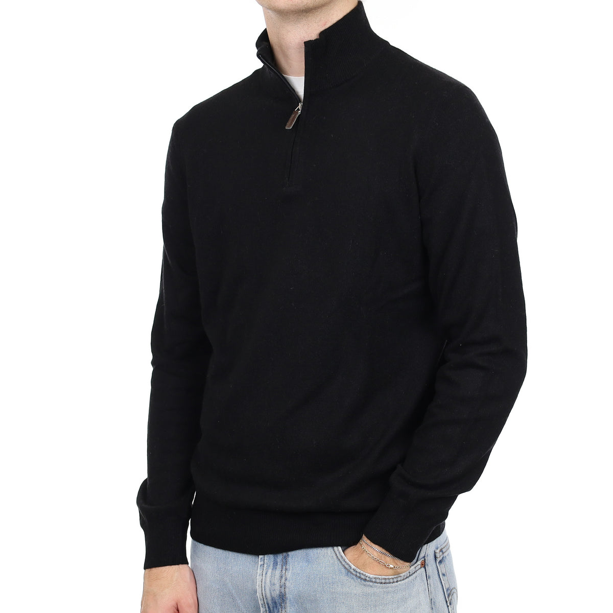 Men's Black Cashmere 1/4 Zip Jumper Medium