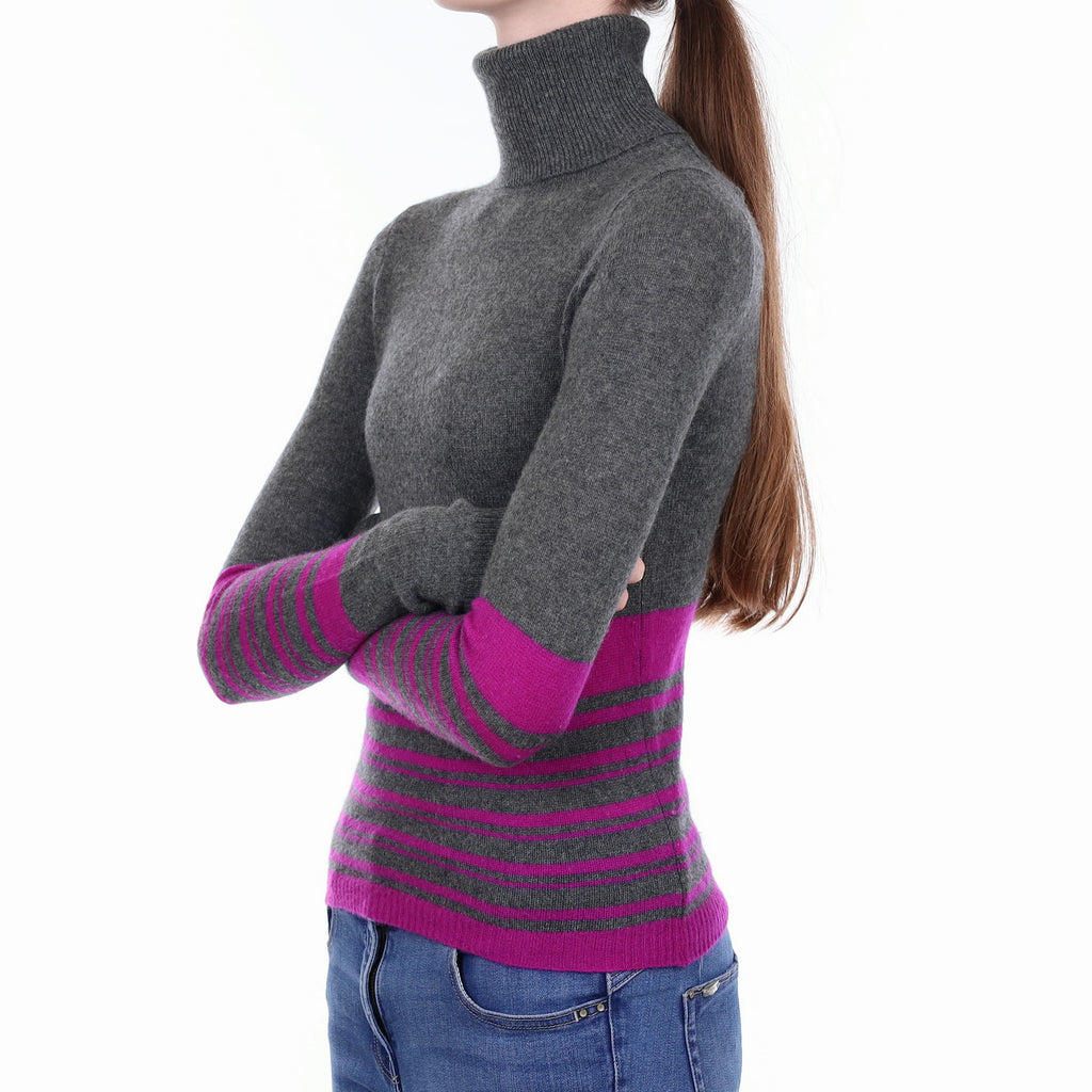 Grey and Magenta Striped Cashmere Polo Neck Jumper Extra Small