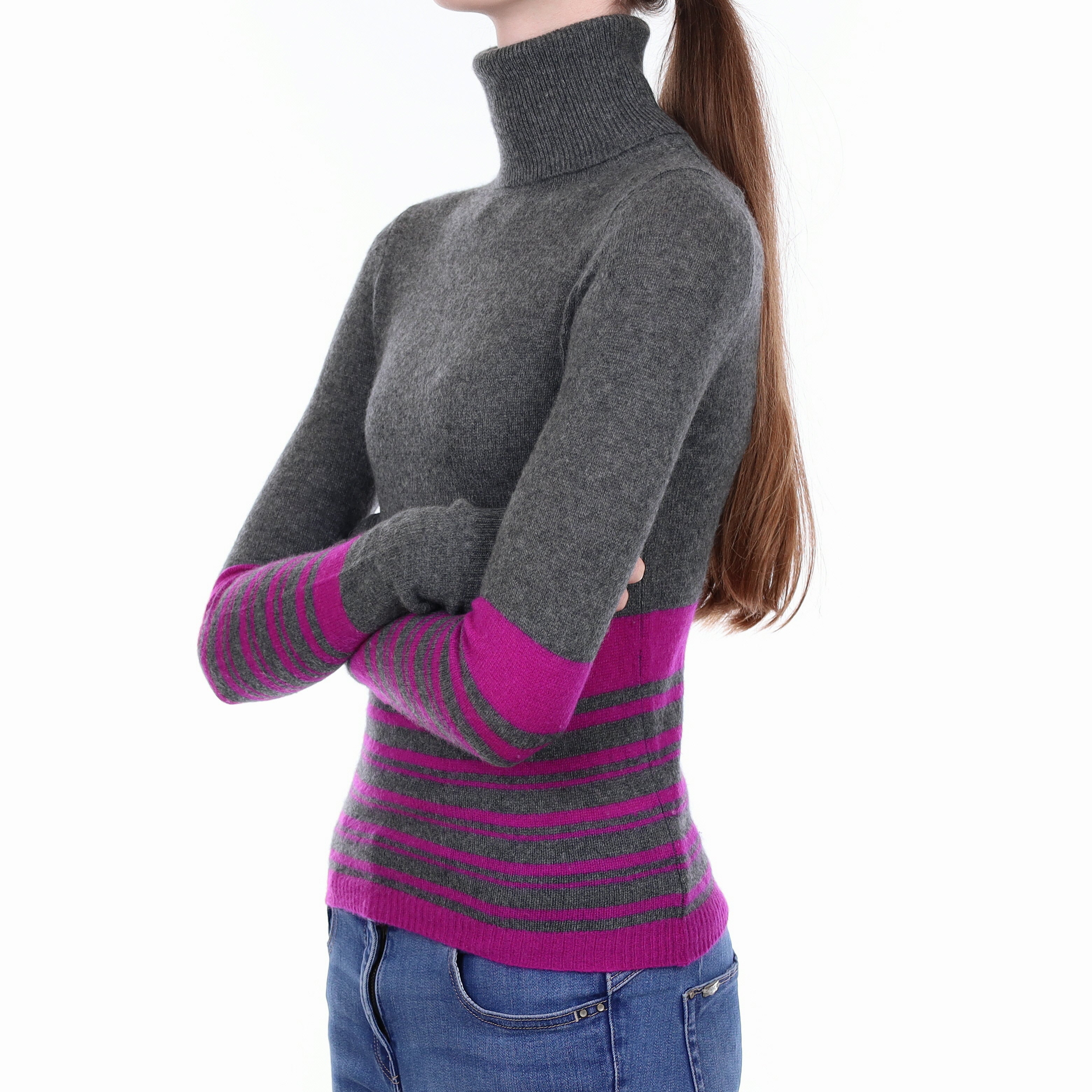 Grey and Magenta Striped Cashmere Polo Neck Jumper Extra Small