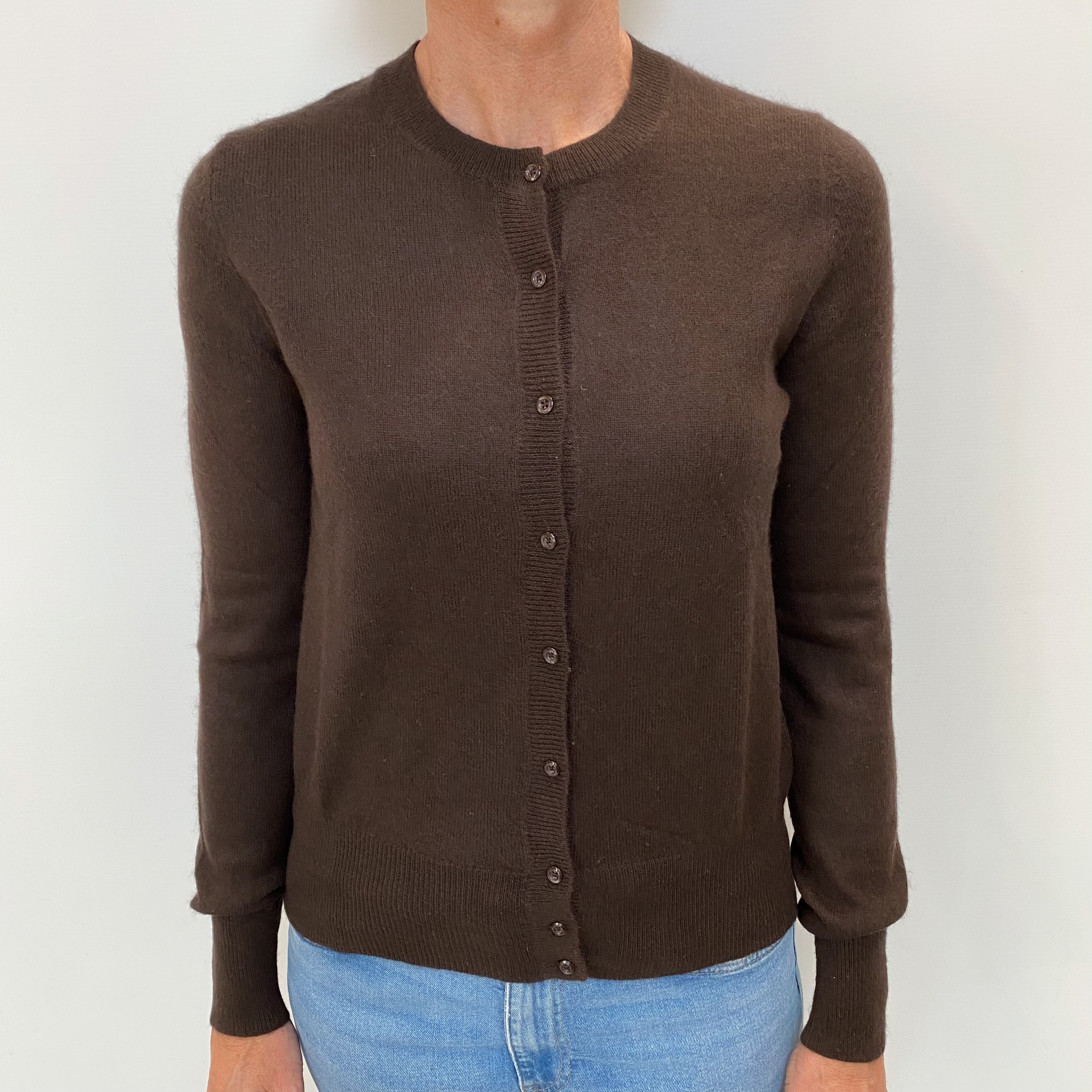 Dark Chocolate Cashmere Crew Neck Cardigan Small