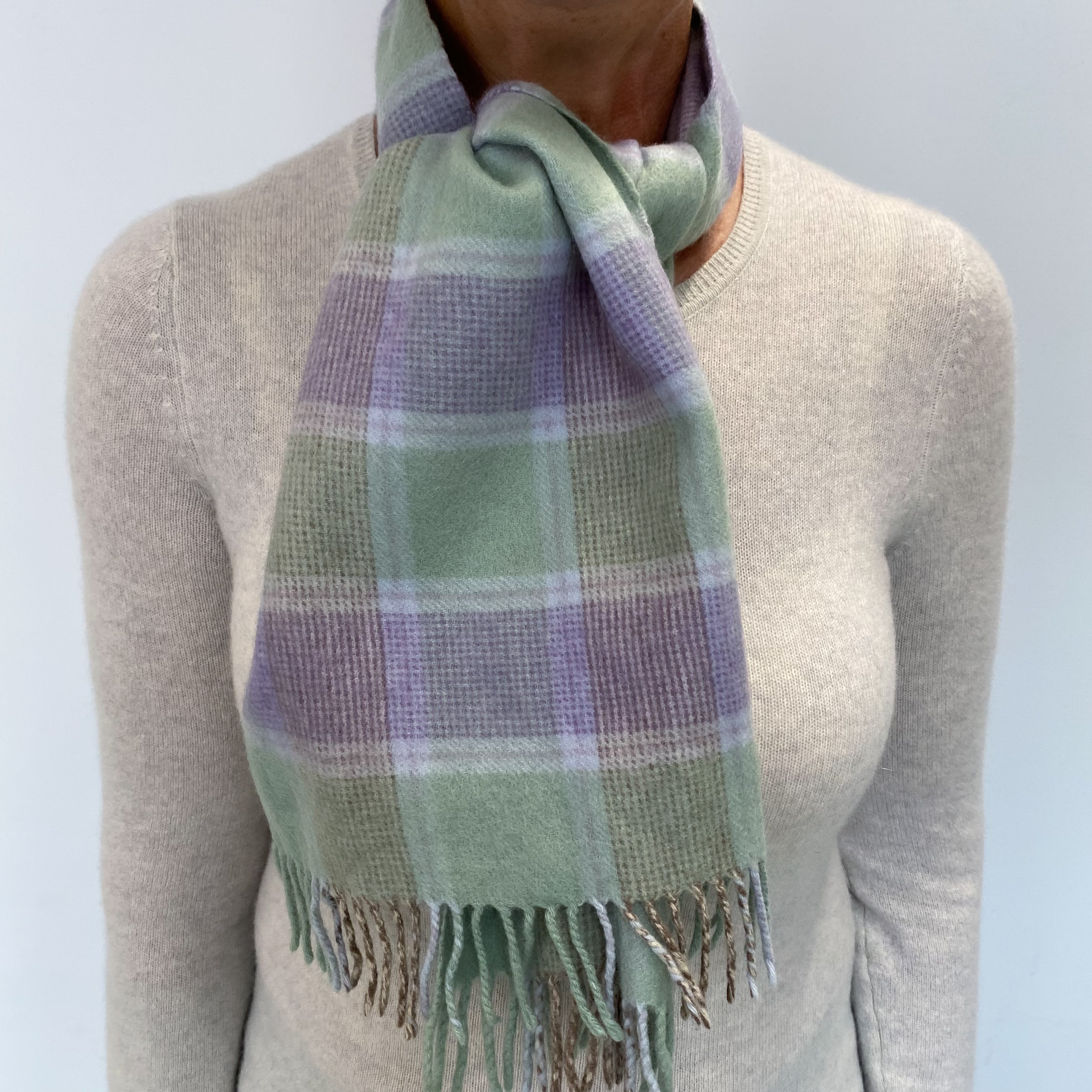 Johnston’s Green and Purple Checked Cashmere Woven Fringed Scarf