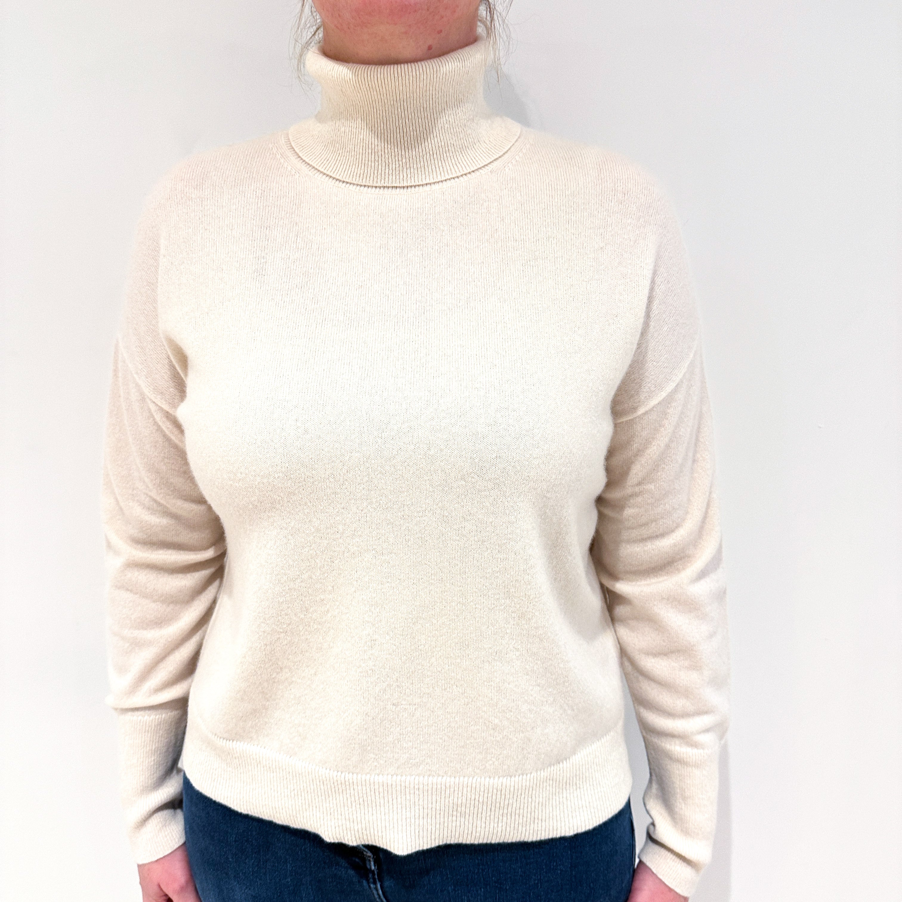 Cream Boxy Cashmere Polo Neck Jumper Large