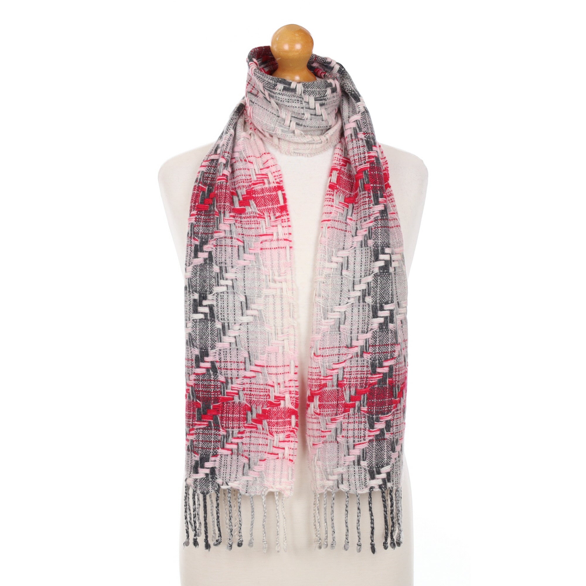 Pink and Grey Cashmere Fringed Woven Scarf