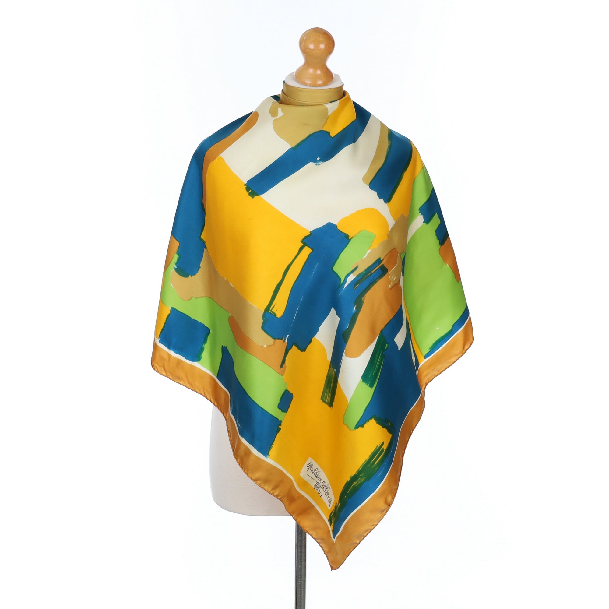 French Abstract Yellow and Teal Vintage Silk Scarf