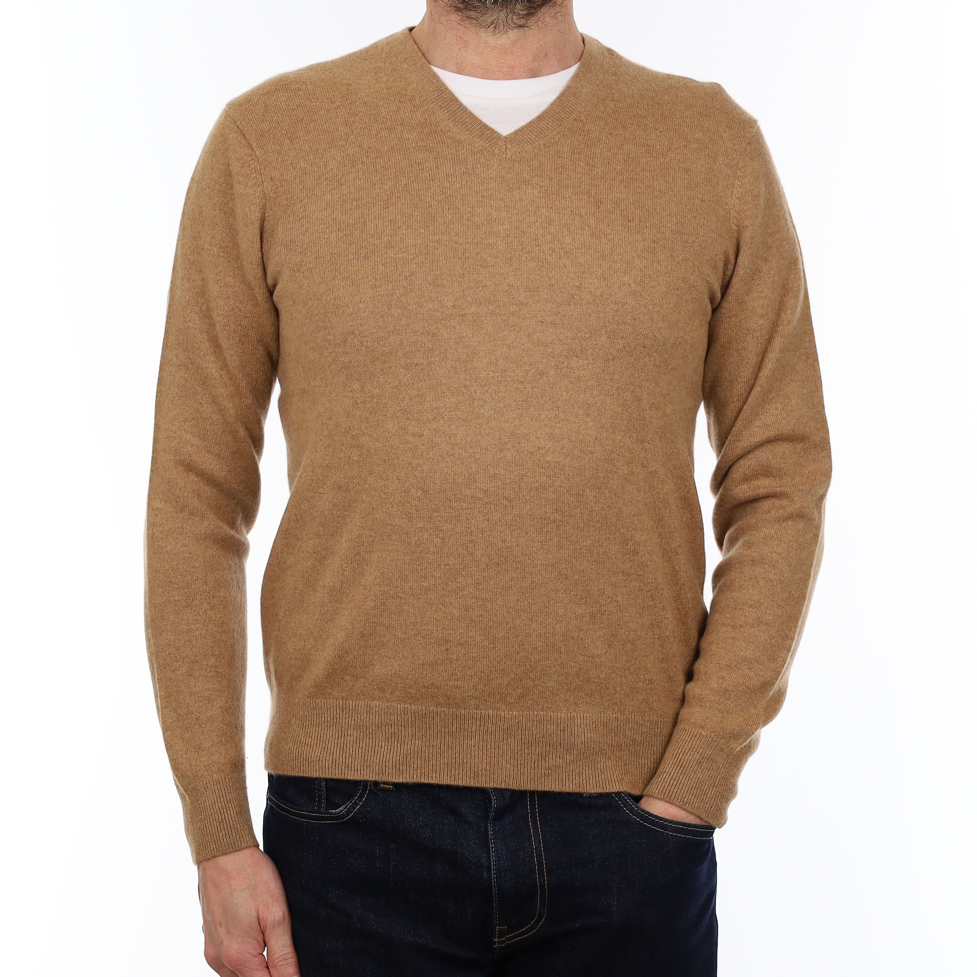 Men's Butterscotch Brown Cashmere V Neck Jumper Small