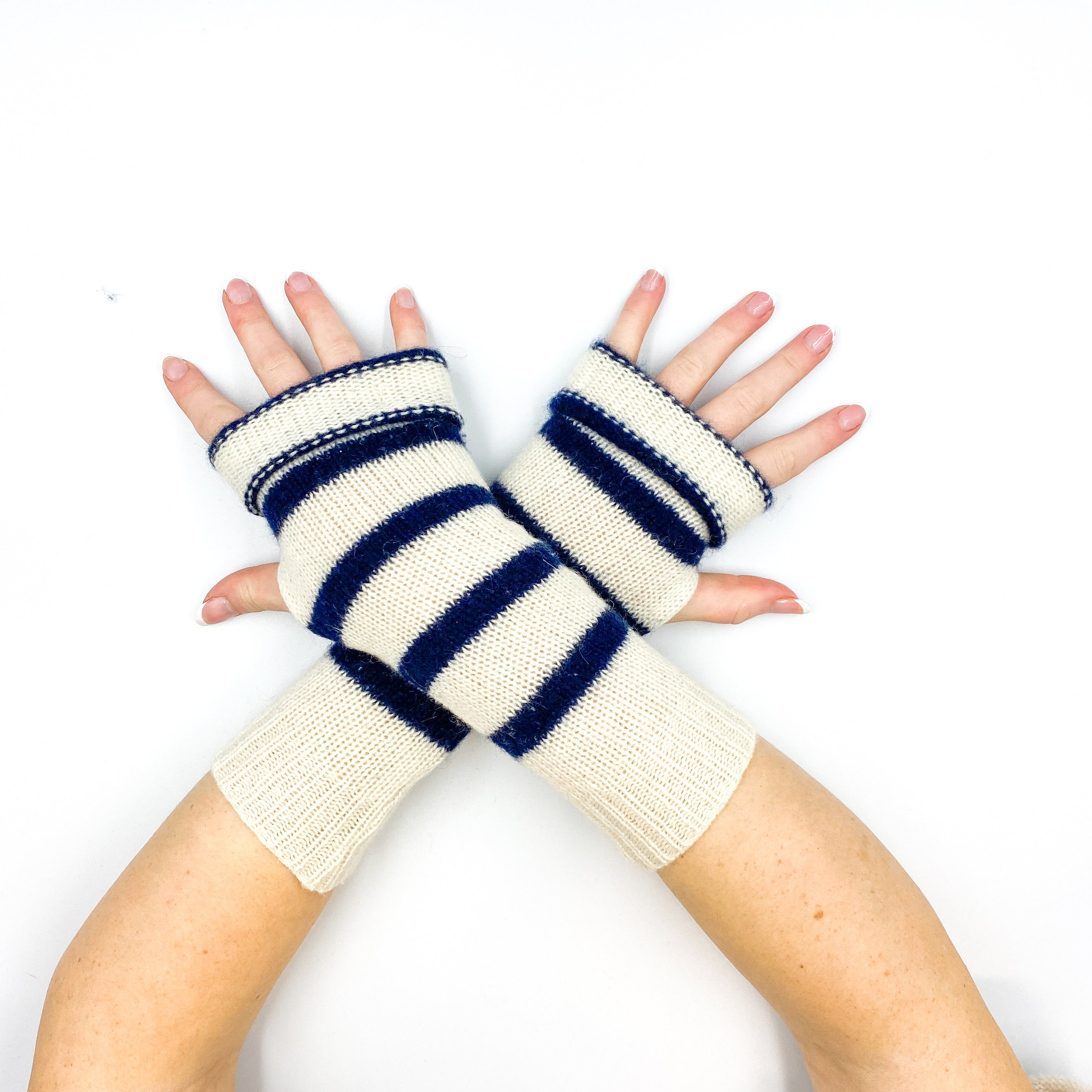 Navy and Ivory Stripe Fingerless Gloves