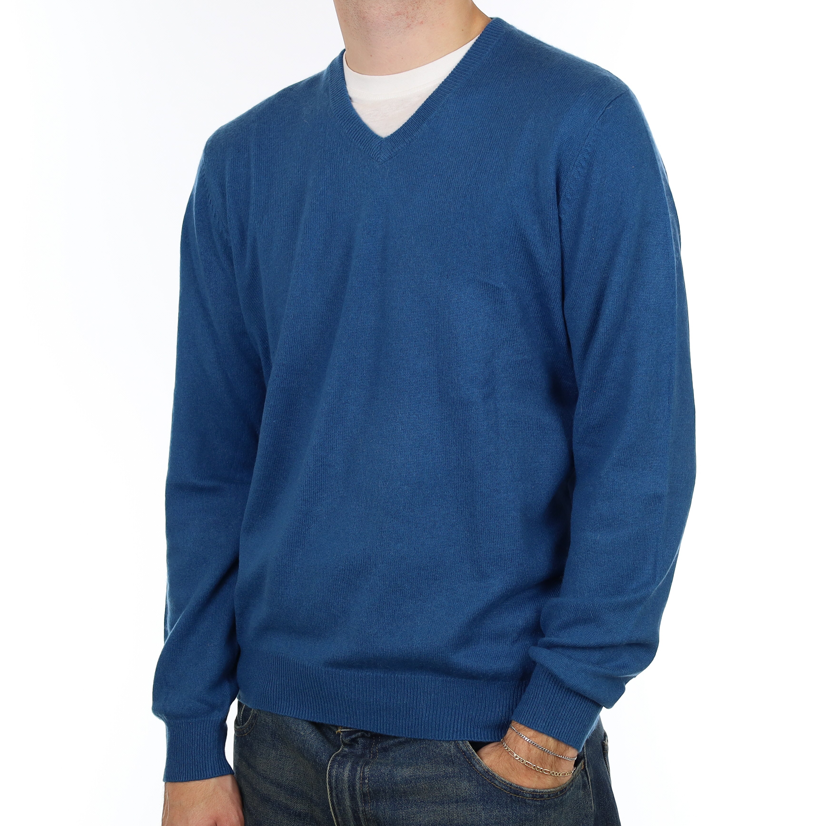 Men’s Peacock Blue Cashmere V Neck Jumper Large