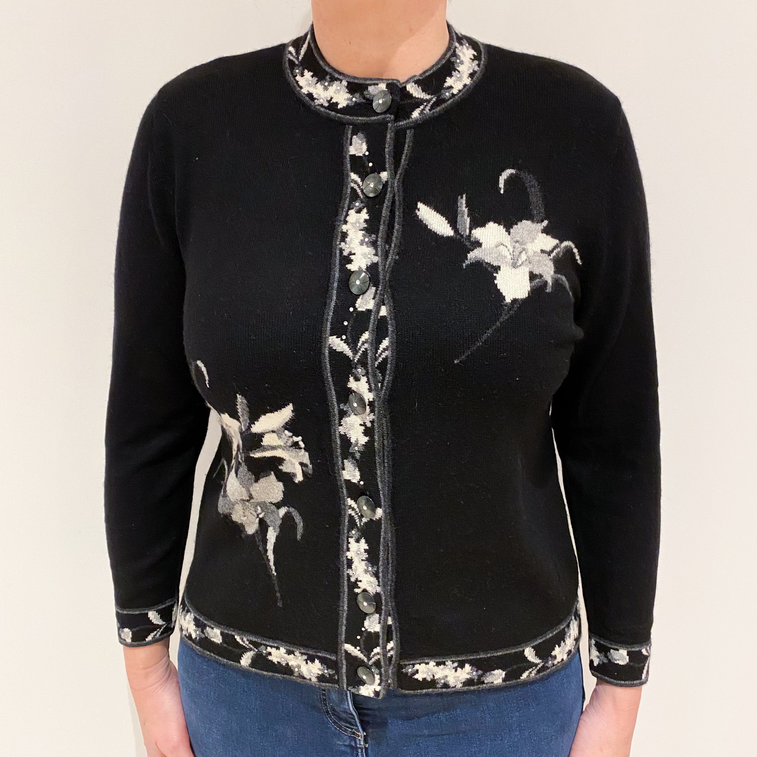 Black Floral Trimmed Cashmere Crew Neck Cardigan Large