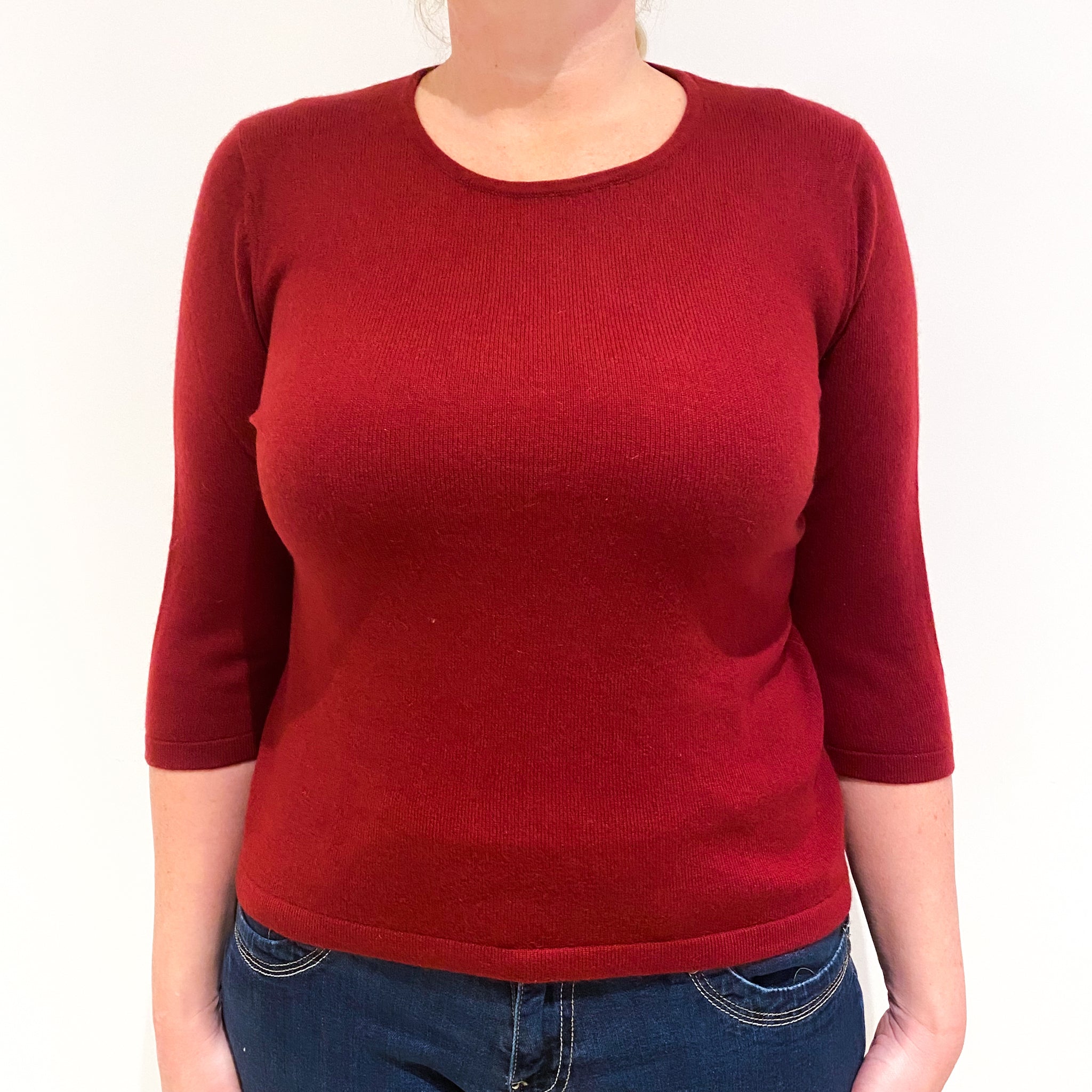 Crimson Red 3/4 Sleeved Cashmere Crew Neck Jumper Large