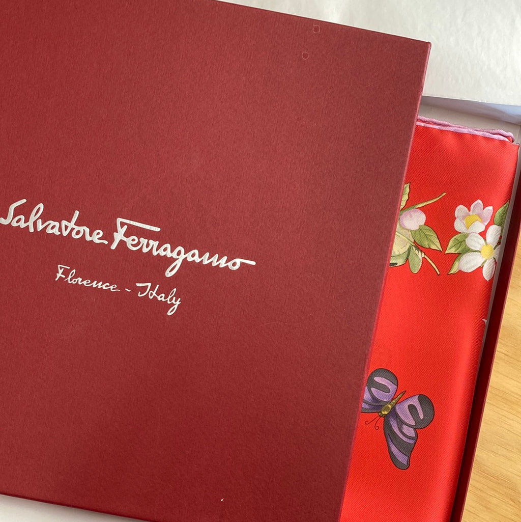Brand New Boxed Salvatore Ferragamo Floral Designer Silk Scarf