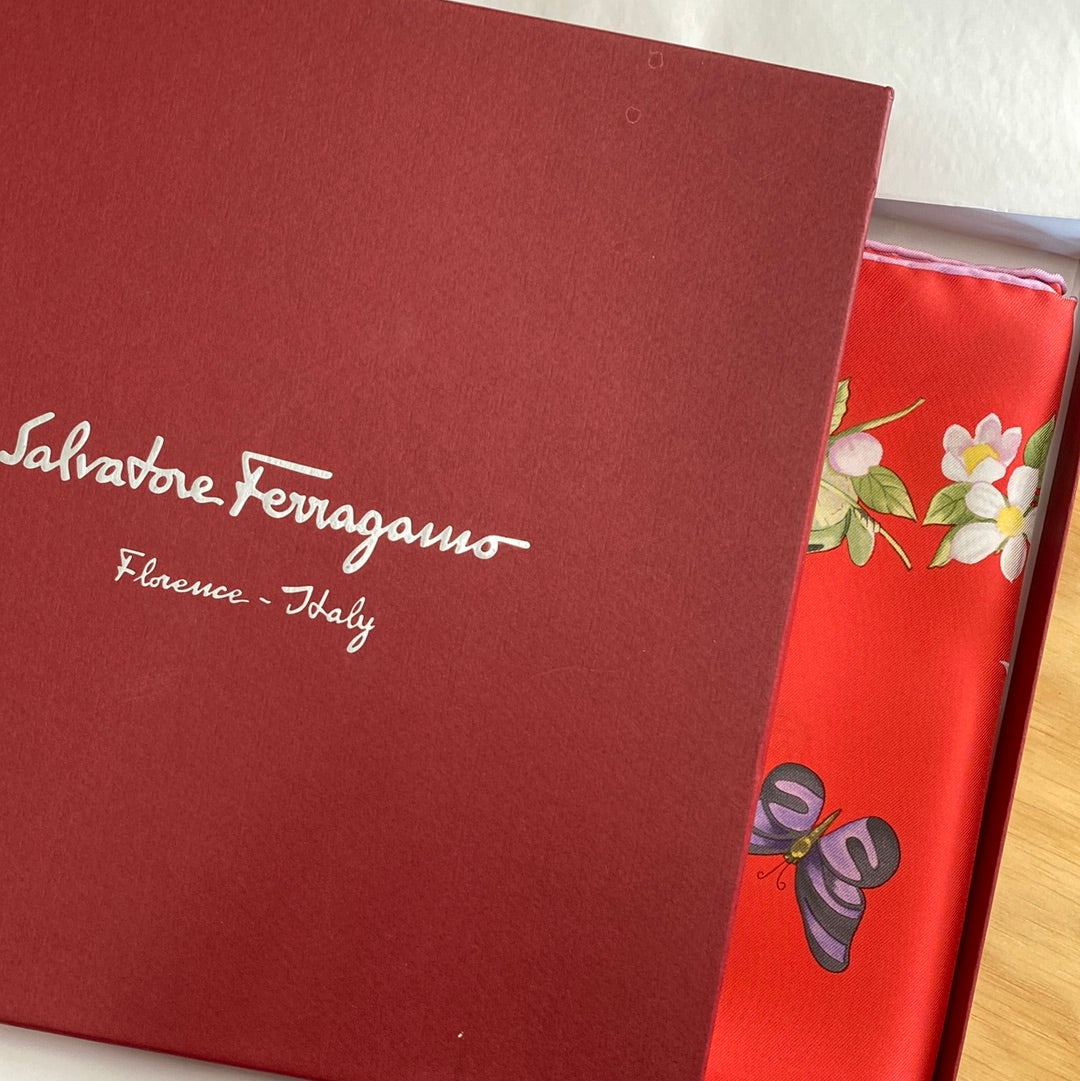 Brand New Boxed Salvatore Ferragamo Floral Designer Silk Scarf